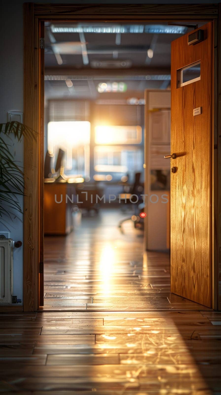 A door to a room with sunlight coming in through the window.