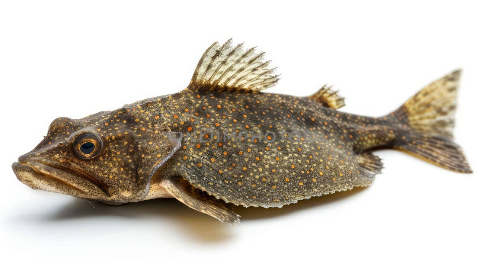 Fish with spots lies on a white surface.