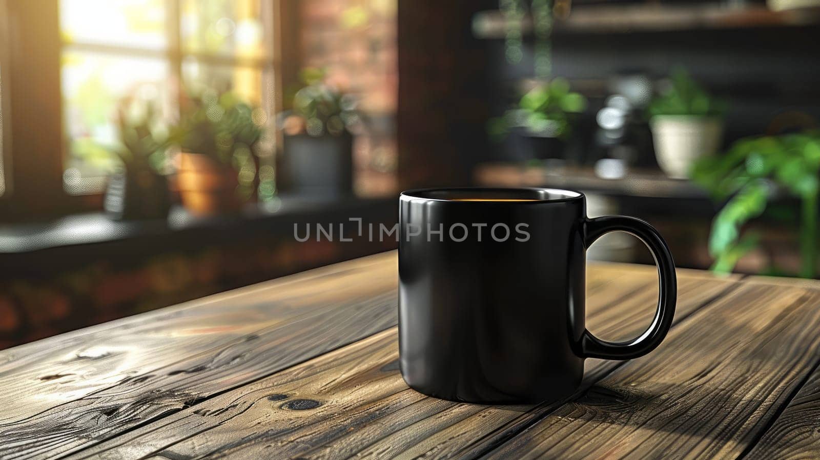 Mockup Cup of Black on Wooden Table In Front Of Plants