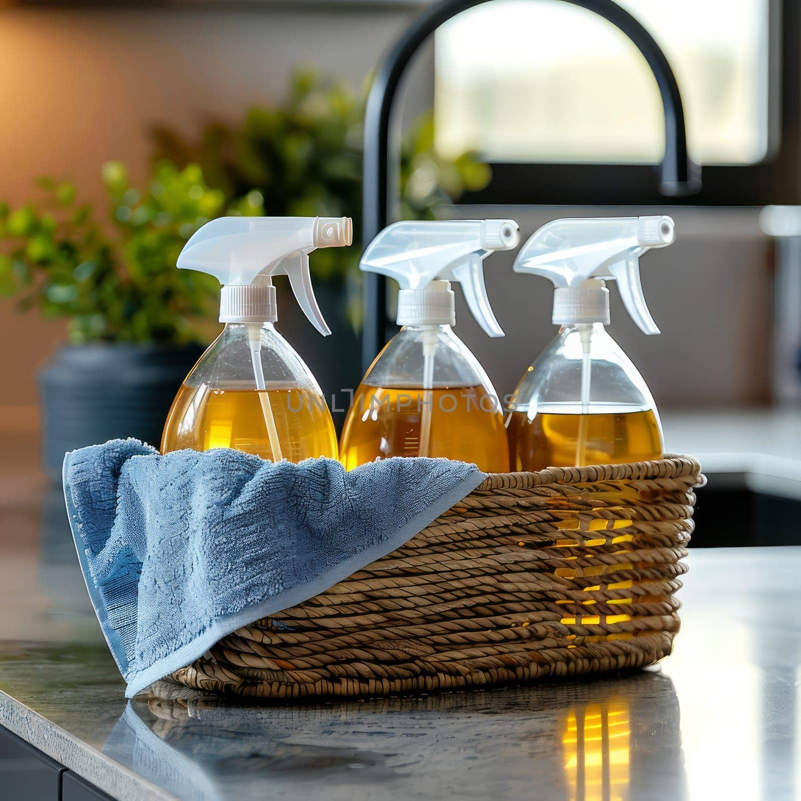 Three bottles of cleaning agent are in a basket on the table near the kitchen tap.