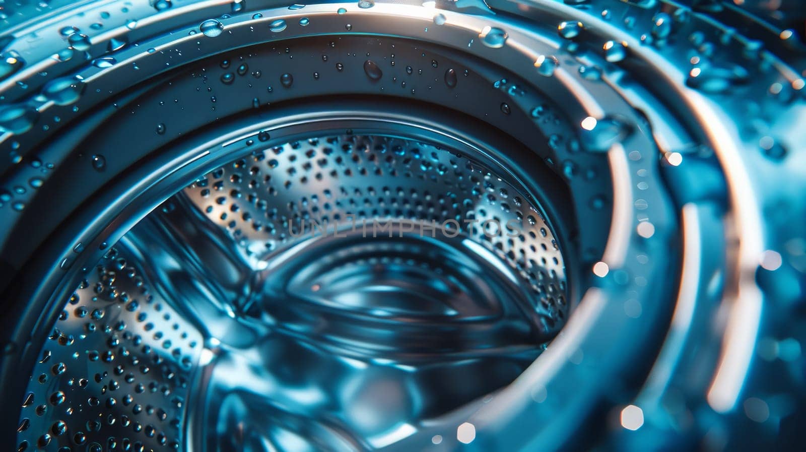 Close-up of a metal tank of a washing machine with water droplets on it