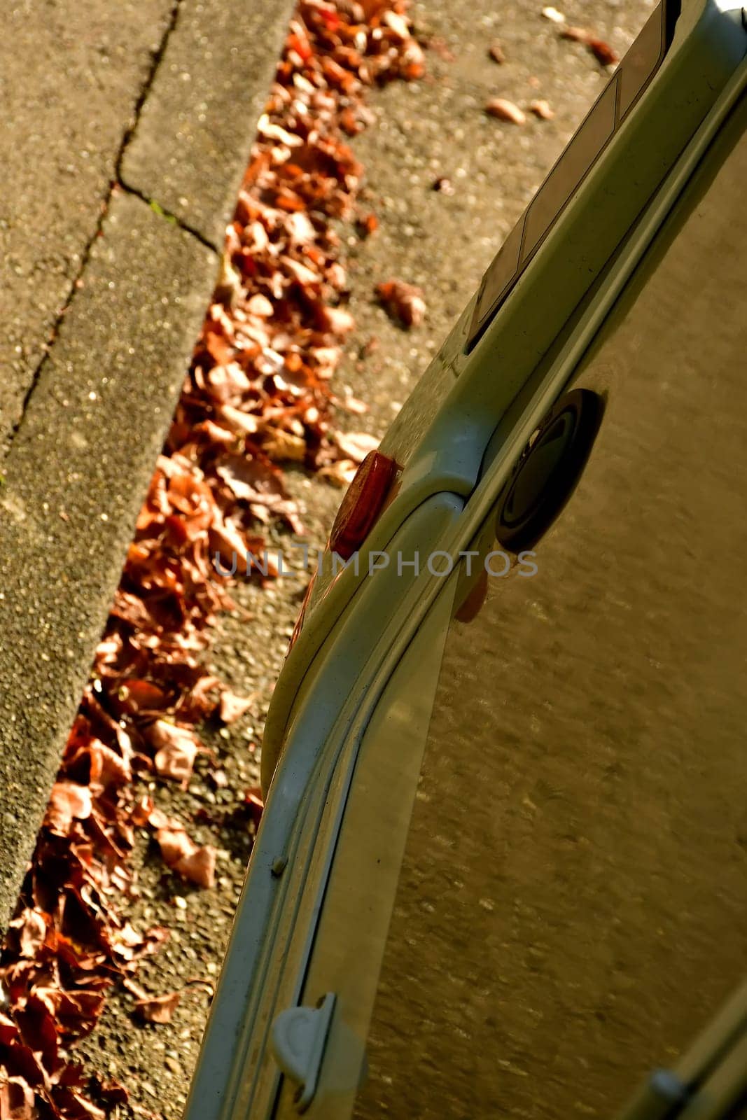 autumnal colored leaves on a street with the edge of a motor home