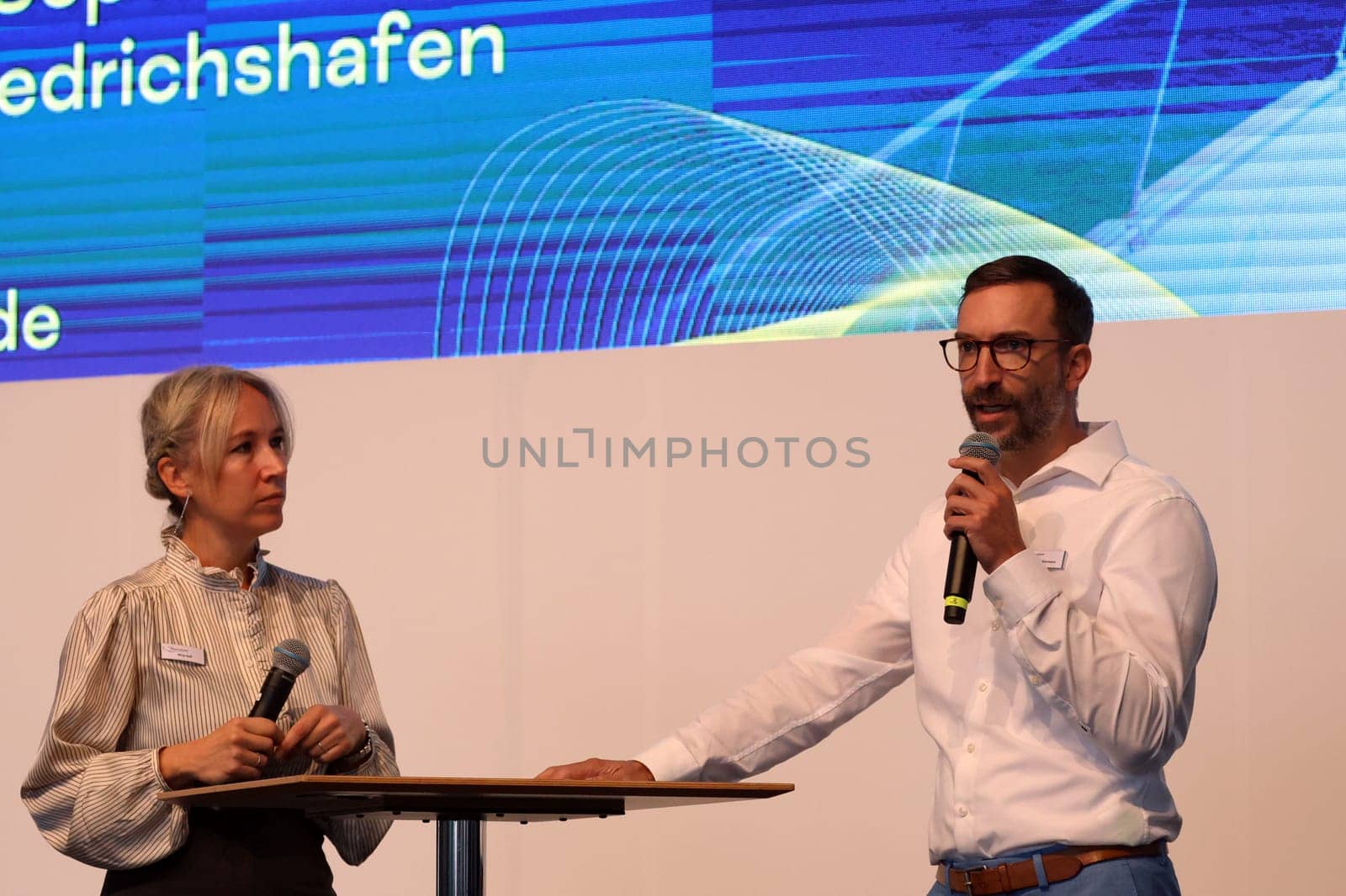 Mirja Raff (deputy. Press Officer) and Felix Klarmann,Project Manager of the Interboot 2024 trade fair in Friedrichshafen during the welcome address