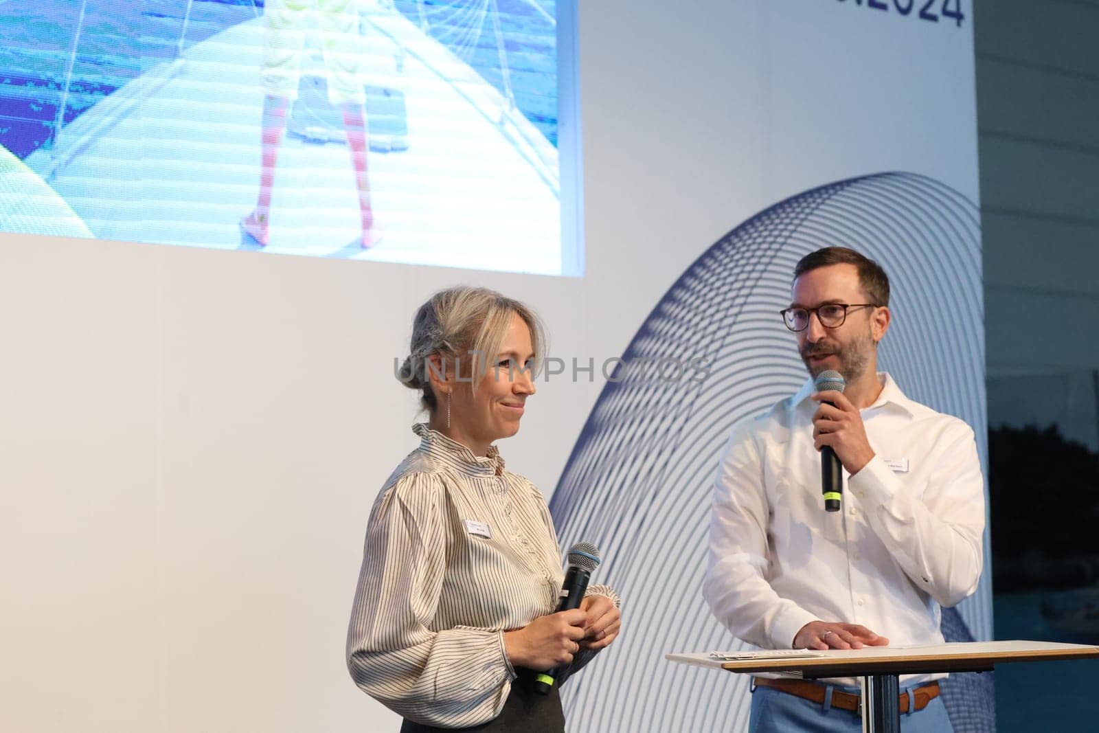 Mirja Raff (deputy. Press Officer) and Felix Klarmann,Project Manager of the Interboot 2024 trade fair in Friedrichshafen during the welcome address