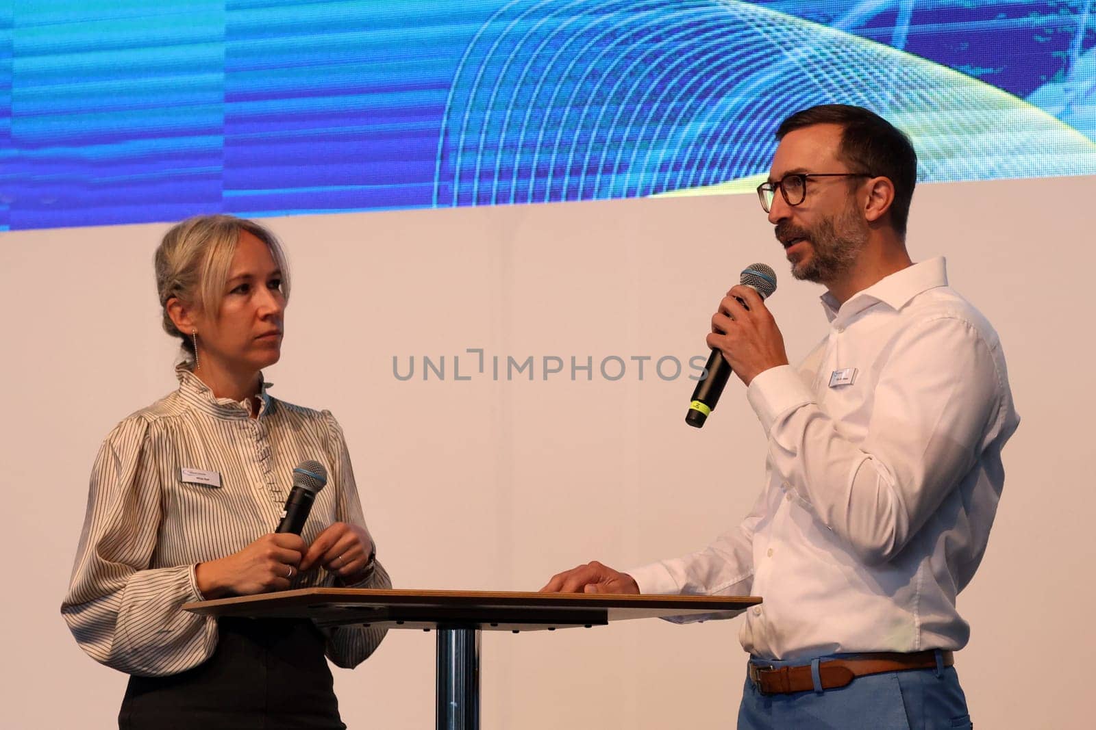 Mirja Raff (deputy. Press Officer) and Felix Klarmann,Project Manager of the Interboot 2024 trade fair in Friedrichshafen during the welcome address