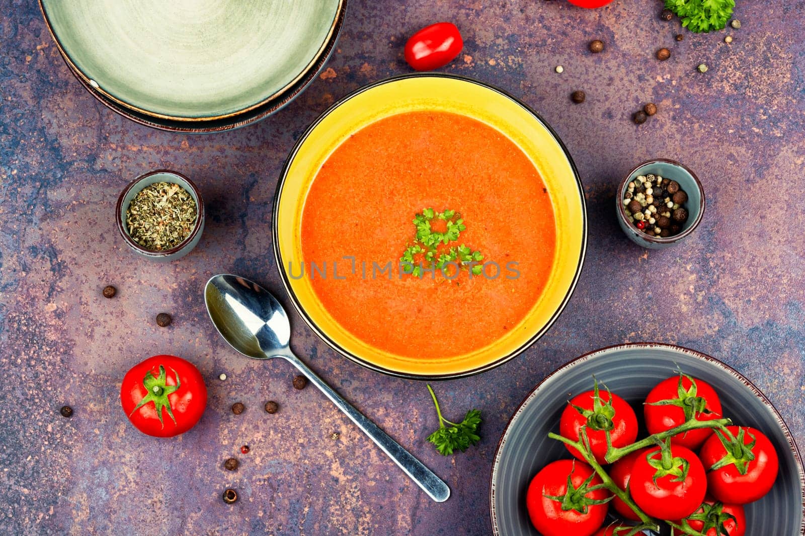 Dietary cream soup of fresh tomatoes. Vegetarian dish. Flat lay.