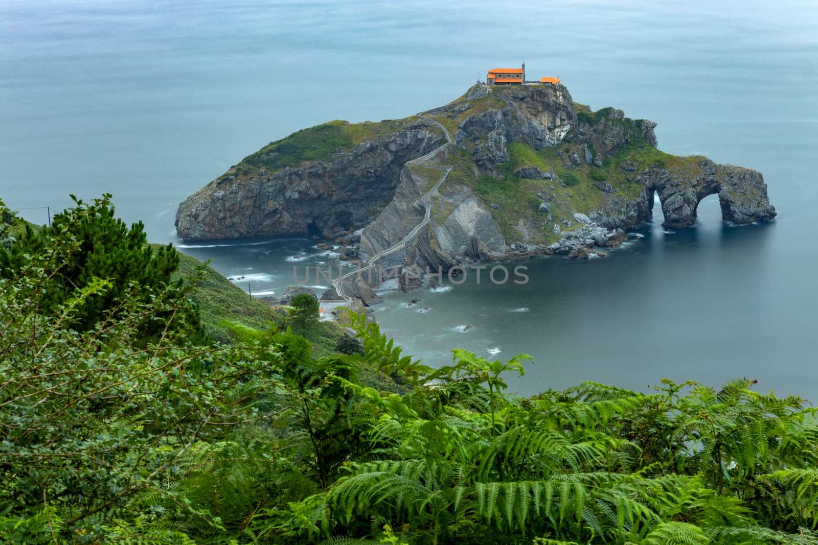San Juan de Gaztelugatxe is a church dedicated to John the Baptis connected to the mainland by a bridge, Bermeo, Basque Country,Spain. Long Exposure