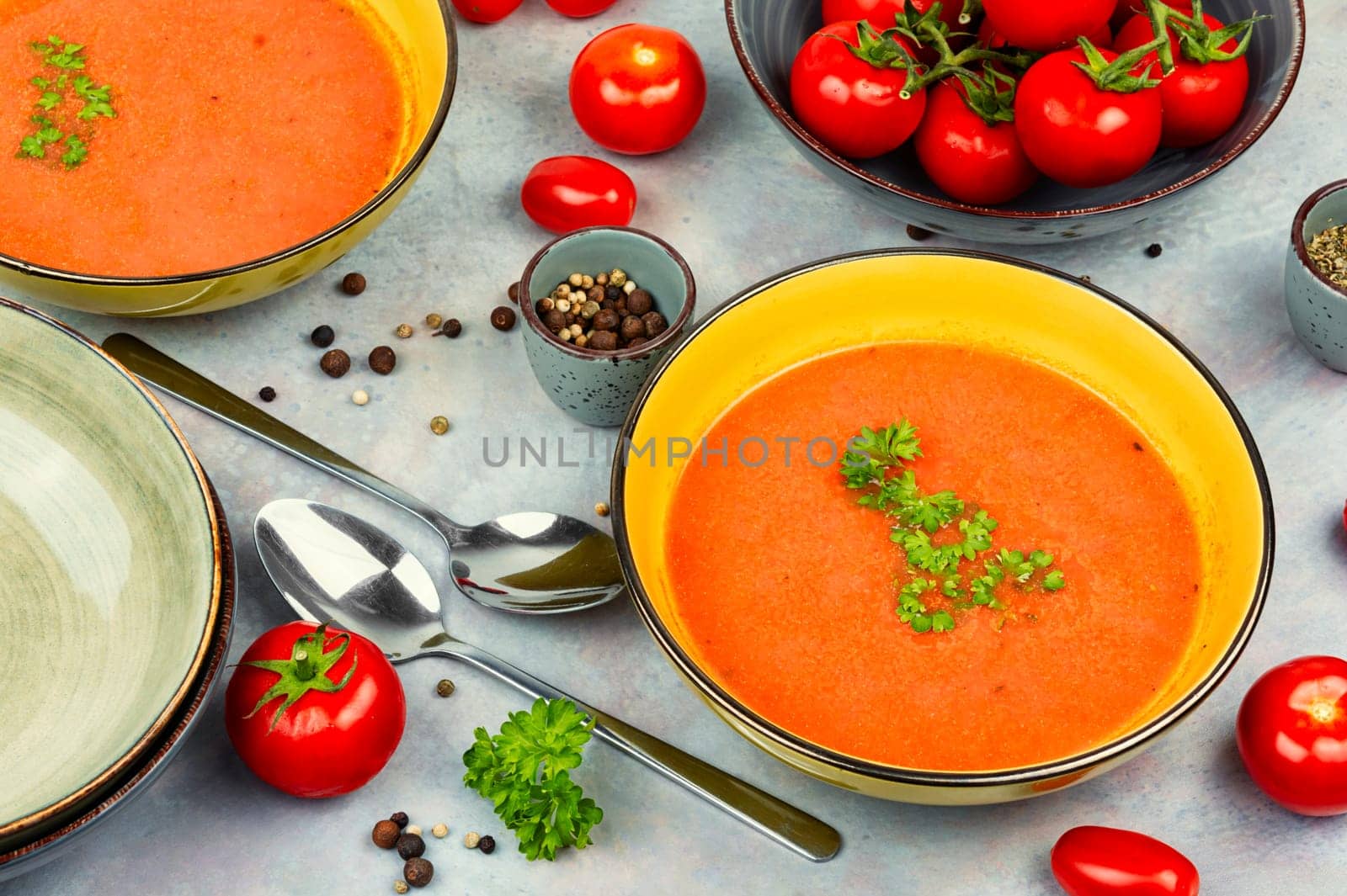 Dietary cream soup of fresh tomatoes. Vegetarian dish. Flat lay.