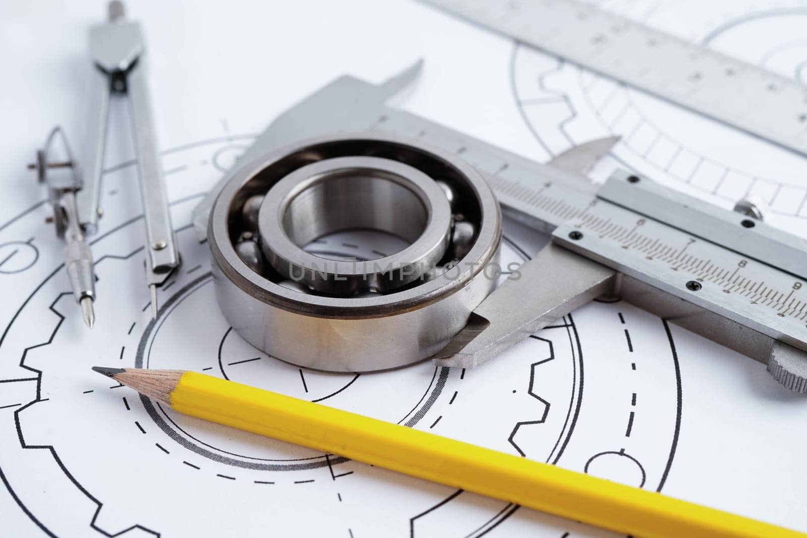 Engineering and precision tools with metal ball bering, mechanical industrial.
