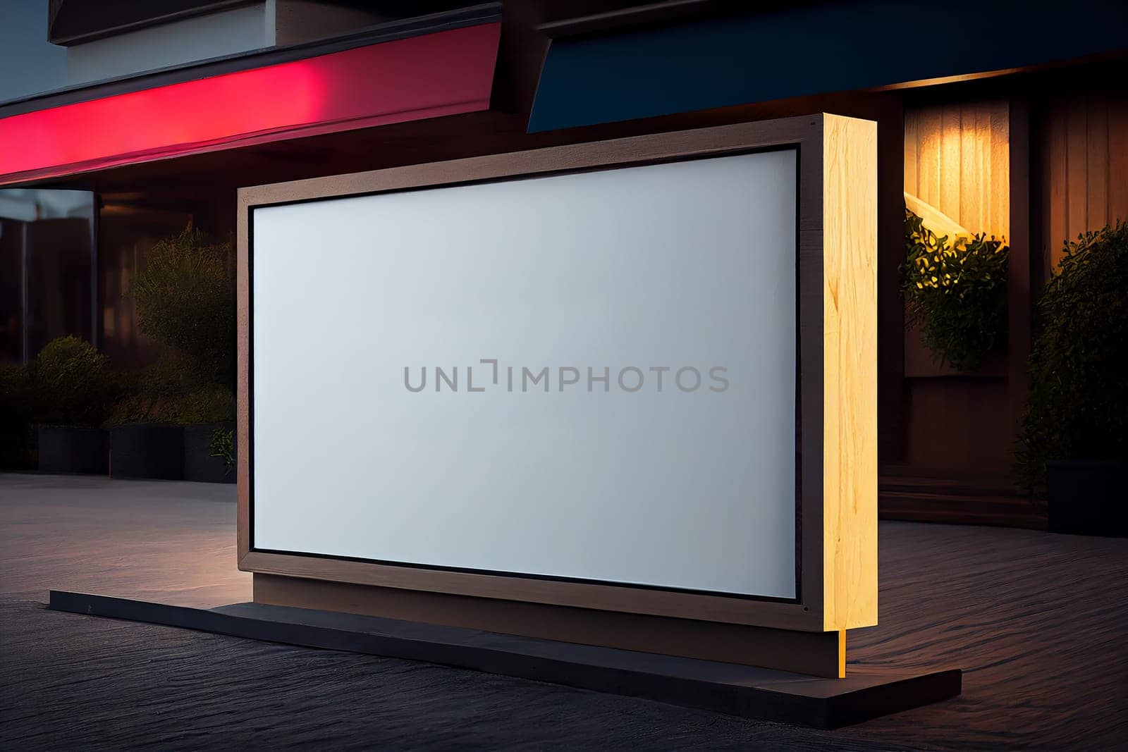 Horizontal white billboard mockup. Poster on street next to roadway.