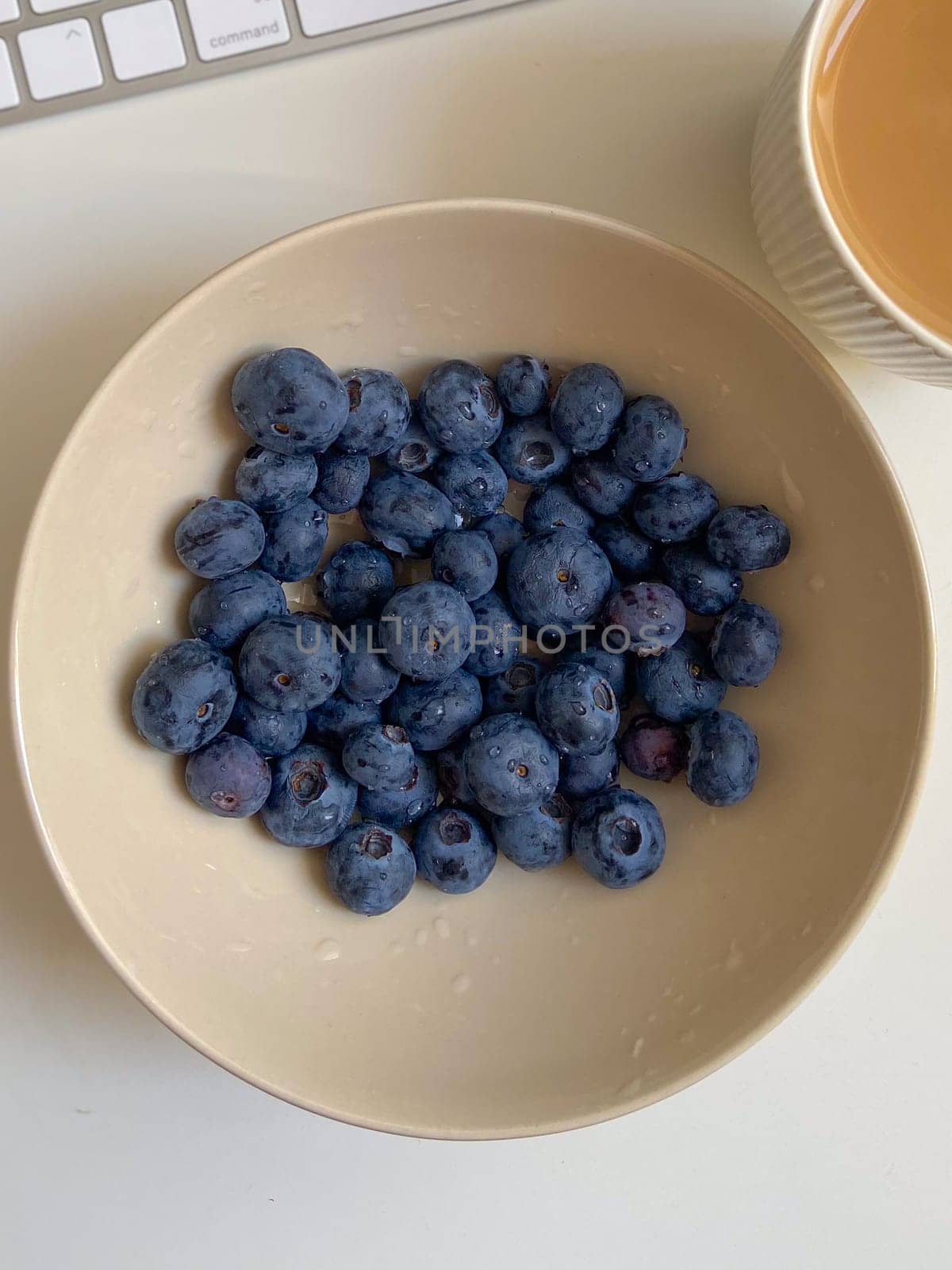 Fresh blueberries in white plate close-up, background.