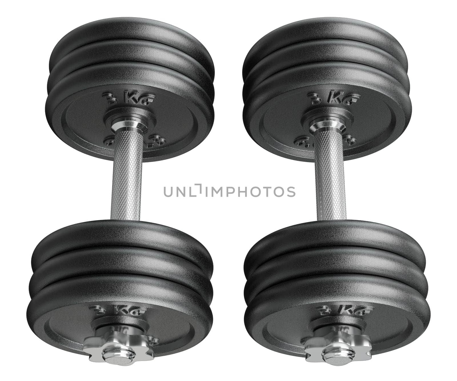 Cast Iron Black Adjustable Dumbbells, weightlifting gym equipment, side view, isolated on white background. 3D illustration