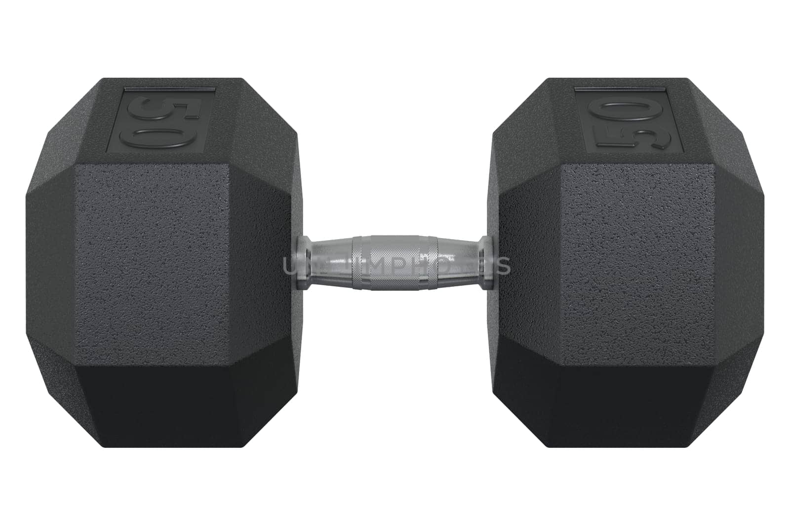 Hex Dumbbell with numbers 50, weightlifting gym equipment, side view, isolated on white background. 3D illustration