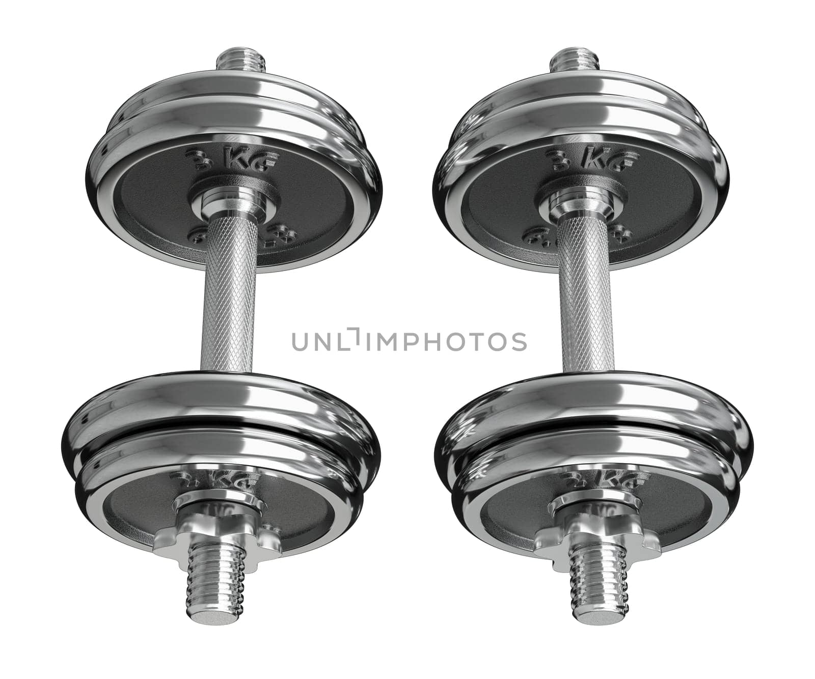 Cast Iron Chrome Adjustable Dumbbells, weightlifting gym equipment, side view, isolated on white background. 3D illustration