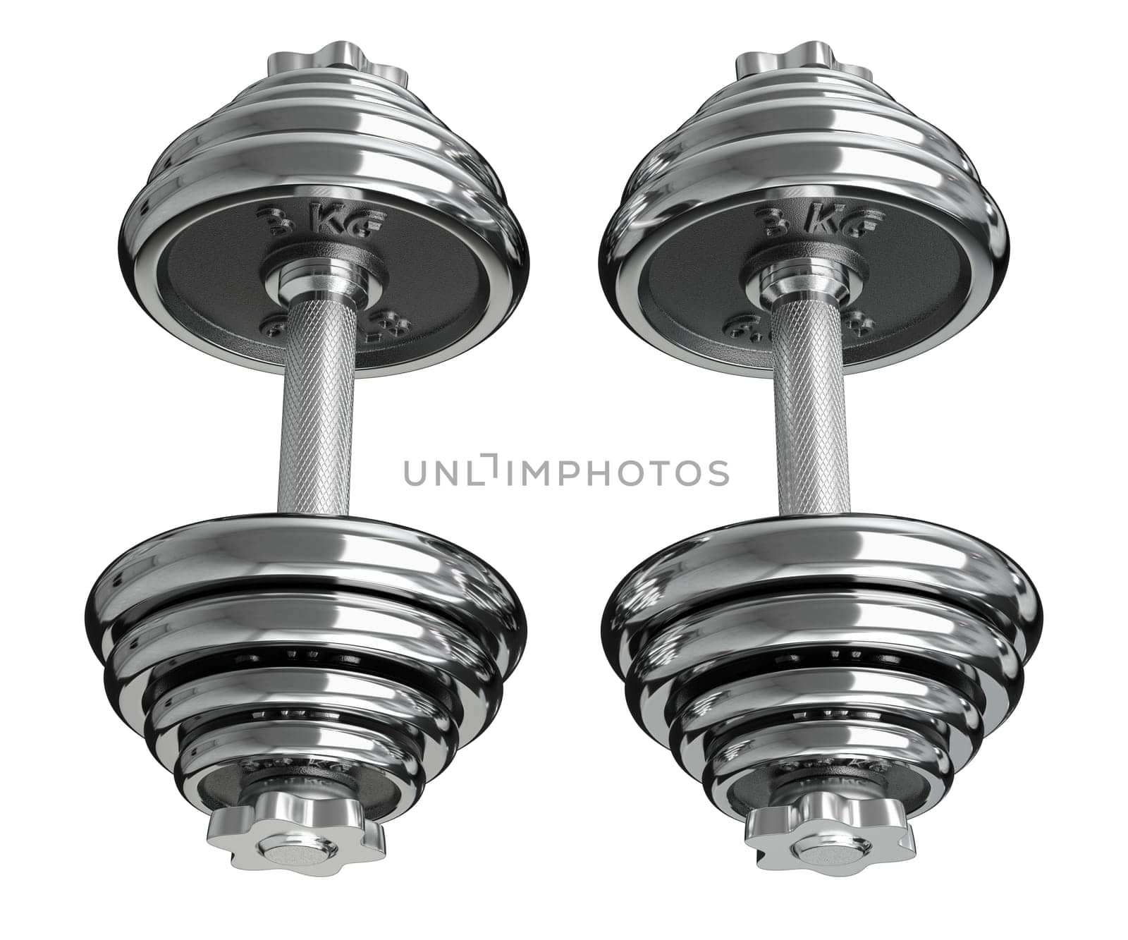 Cast Iron Chrome Adjustable Dumbbells, weightlifting gym equipment, side view, isolated on white background. 3D illustration