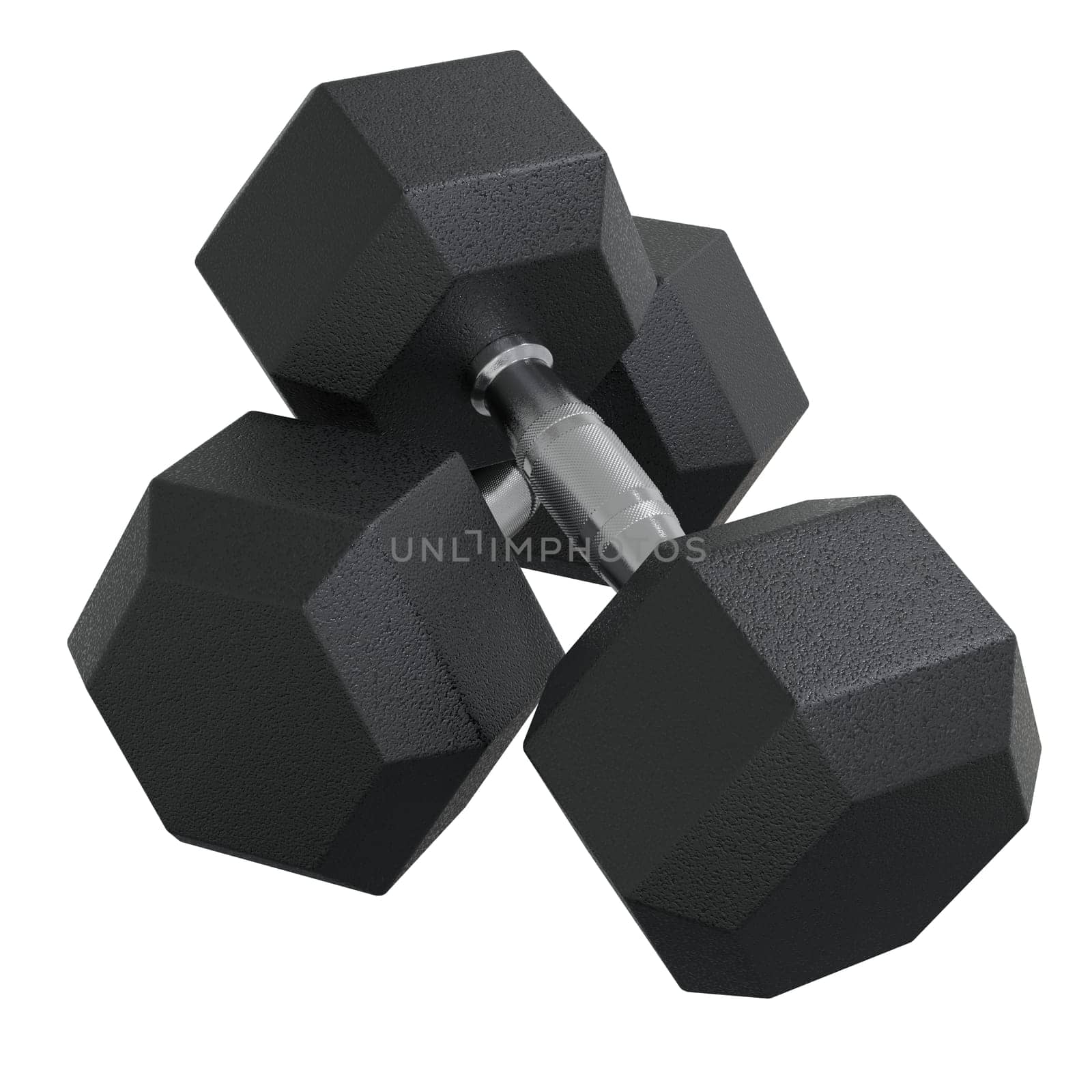Blank Two Hex Dumbbells, weightlifting gym equipment, isolated on white background. 3D illustration