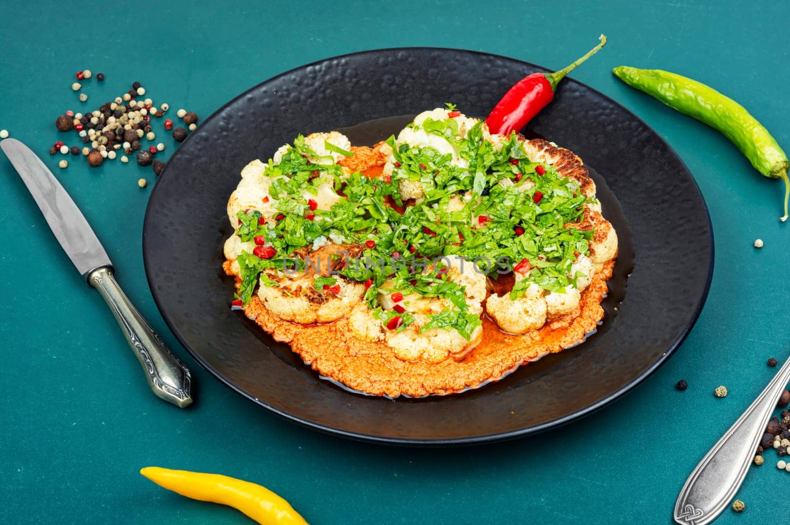 Fried cauliflower, golden roasted cauliflower florets garnished with fresh herbs. Top view.