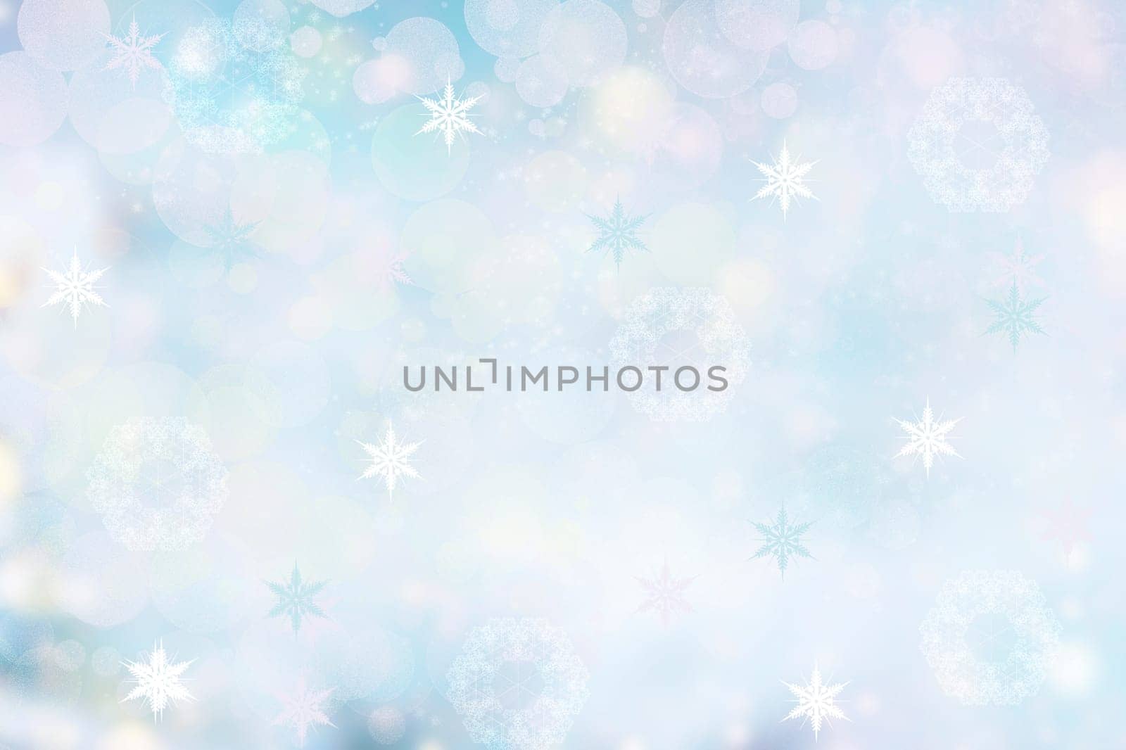Abstract blurred festive delicate winter christmas or Happy New Year background with shiny blue yellow and white bokeh lighted stars. Space for your design. Card concept.