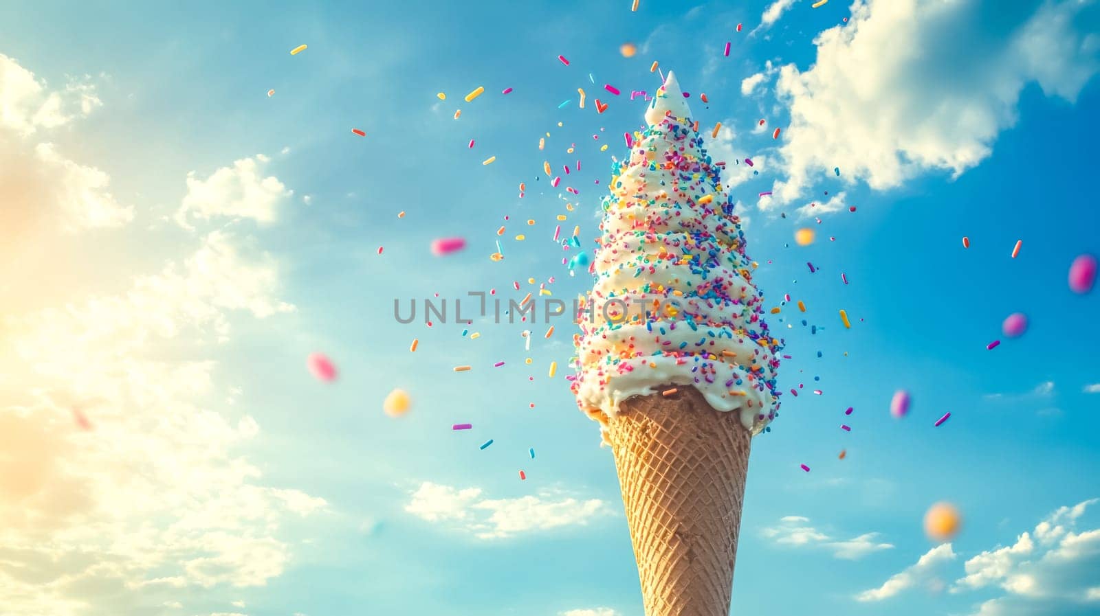 Delicious ice cream cone with colorful sprinkles flying through the air on a bright summer day with blue skies and fluffy white clouds
