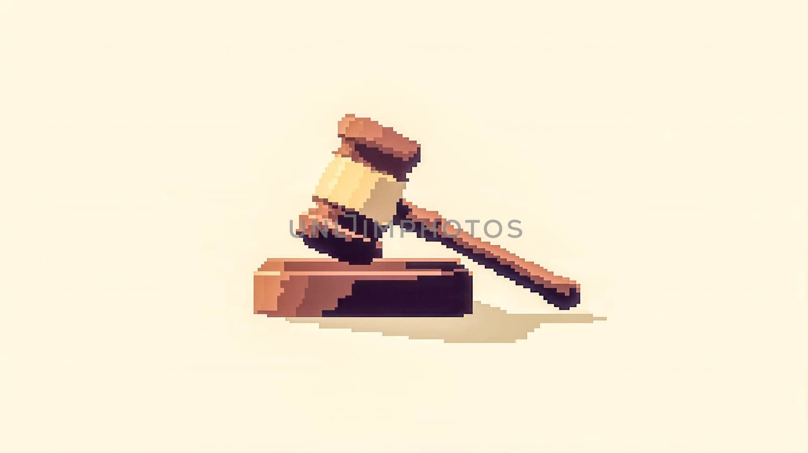 Pixel art image shows a gavel on a sound block, symbolizing justice in a digital world. Perfect for online auctions and metaverse law. Vintage 8 bit style adds a retro touch