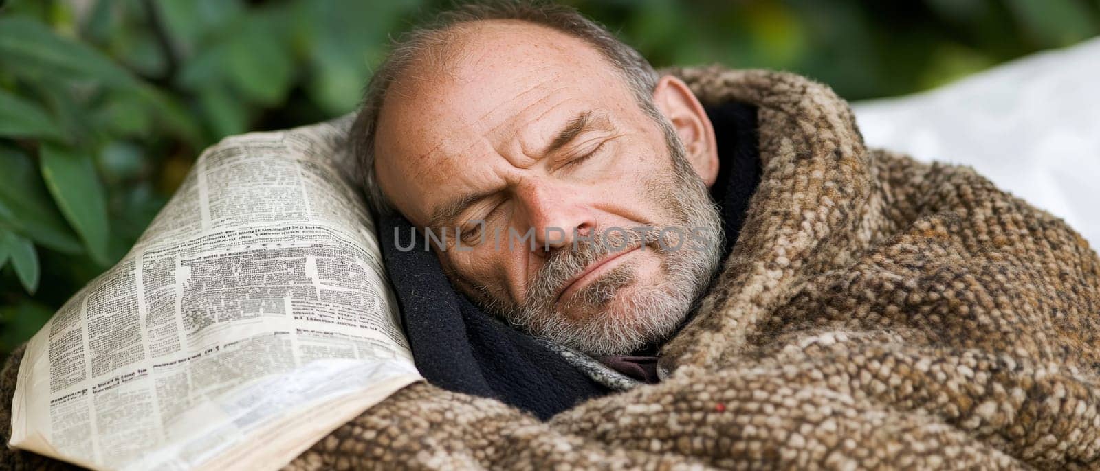 An elderly homeless man rests peacefully, using a newspaper as a pillow, illustrating resilience amidst adversity.