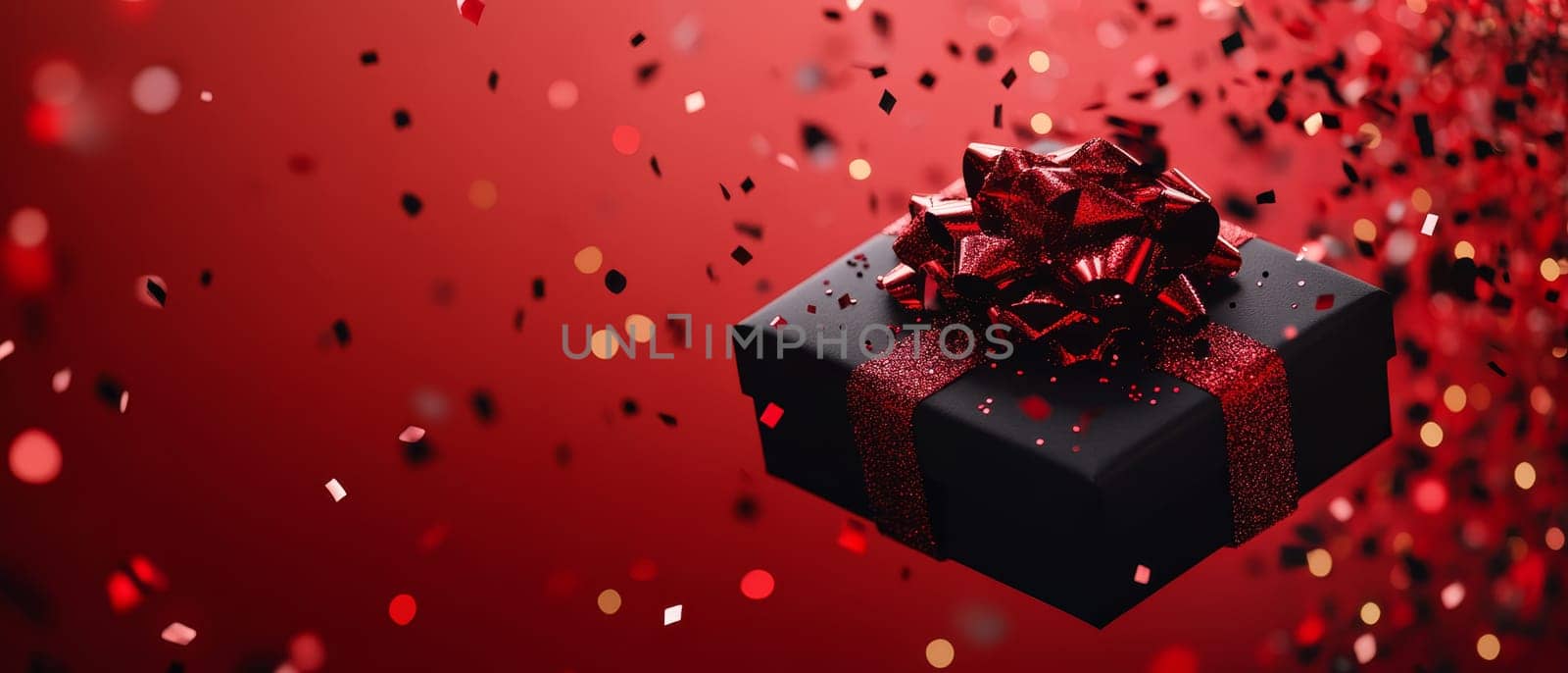 A festive gift box with a red glitter ribbon surrounded by confetti, perfect for holiday celebrations and joyful moments with place for text.