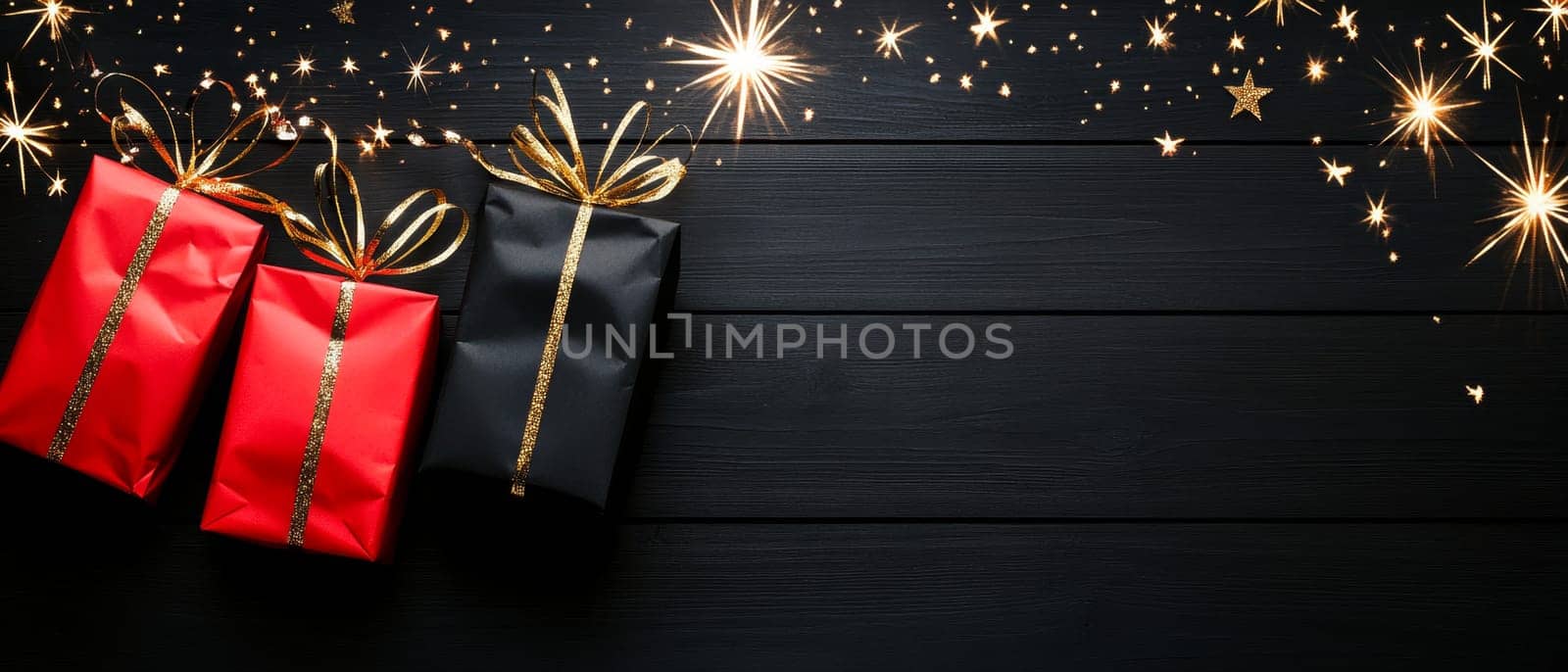 Red and black gift boxes with gold ribbons on a wooden background, adorned with festive sparkles and copy space.