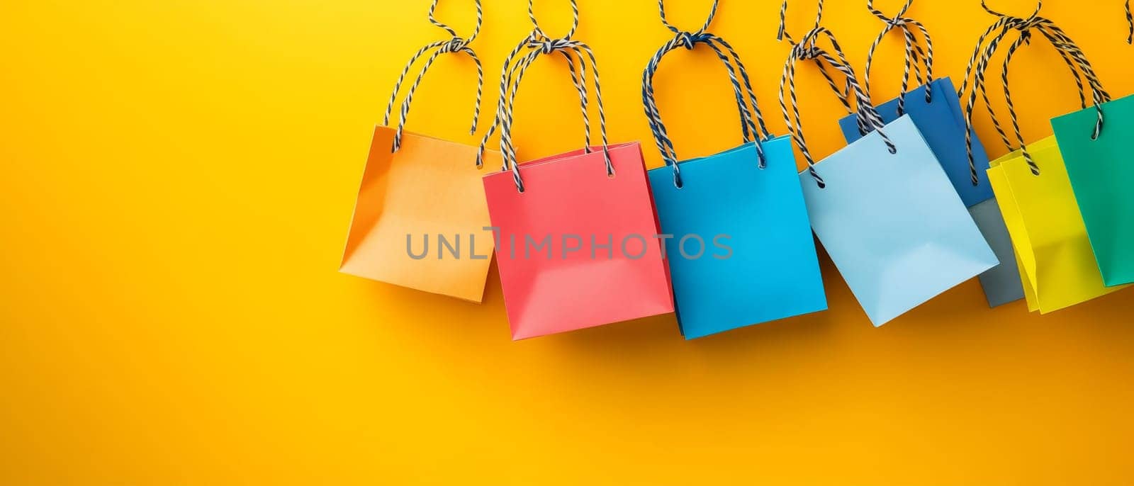 A selection of colorful shopping bags hanging on a bright yellow background, highlighting retail and consumer themes. Black Friday sale concept with empty place for text.