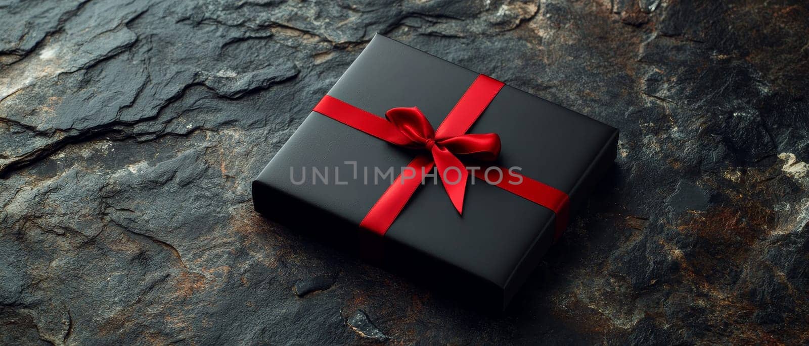 A luxurious black gift box with a striking red ribbon on a textured rock background, perfect for special occasions.