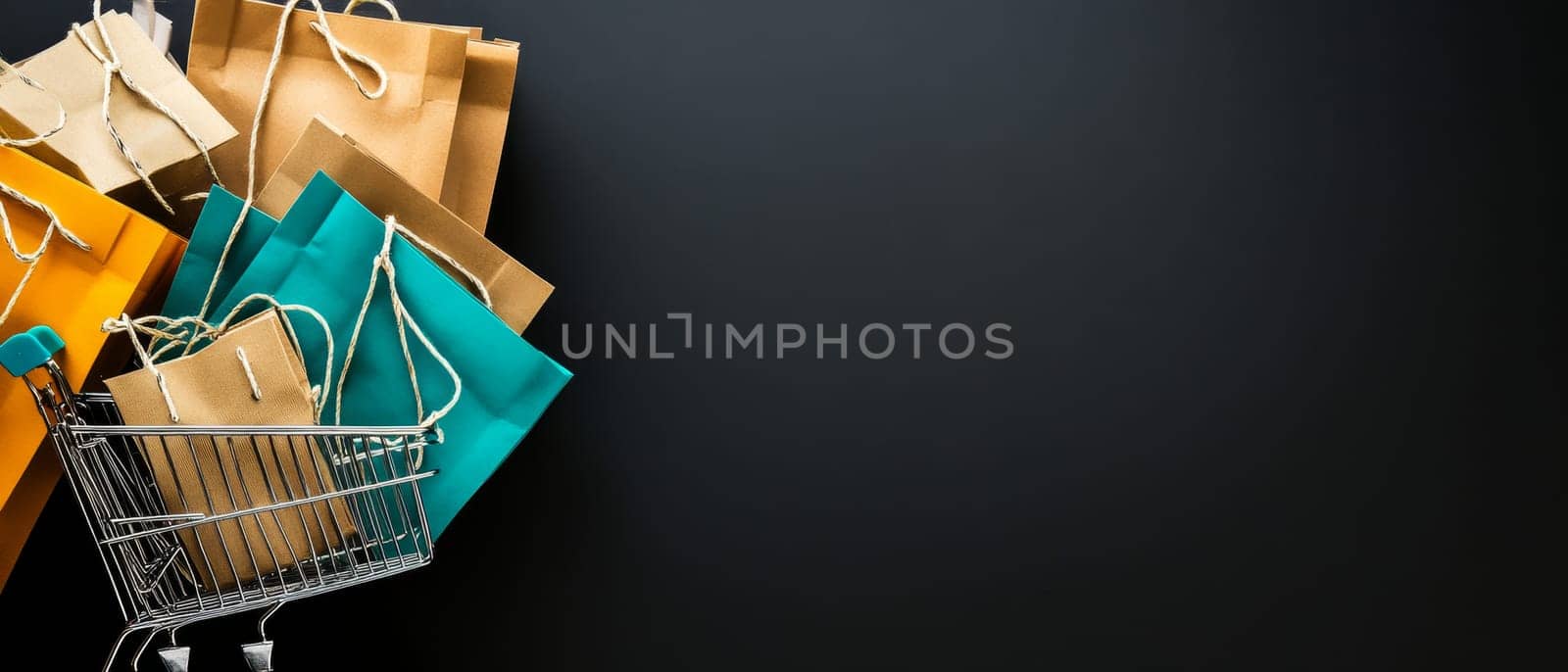 A shopping cart filled with colorful gift bags on a dark background, offering ample copy space for promotional text. Black Friday sale concept with place for text.