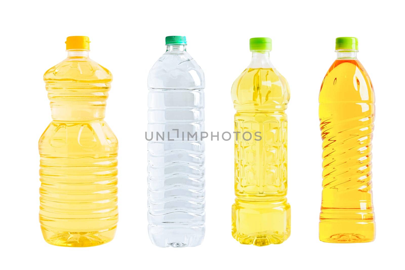 Vegetable oil and water plastic bottle isolated on white background, organic healthy food for cooking.