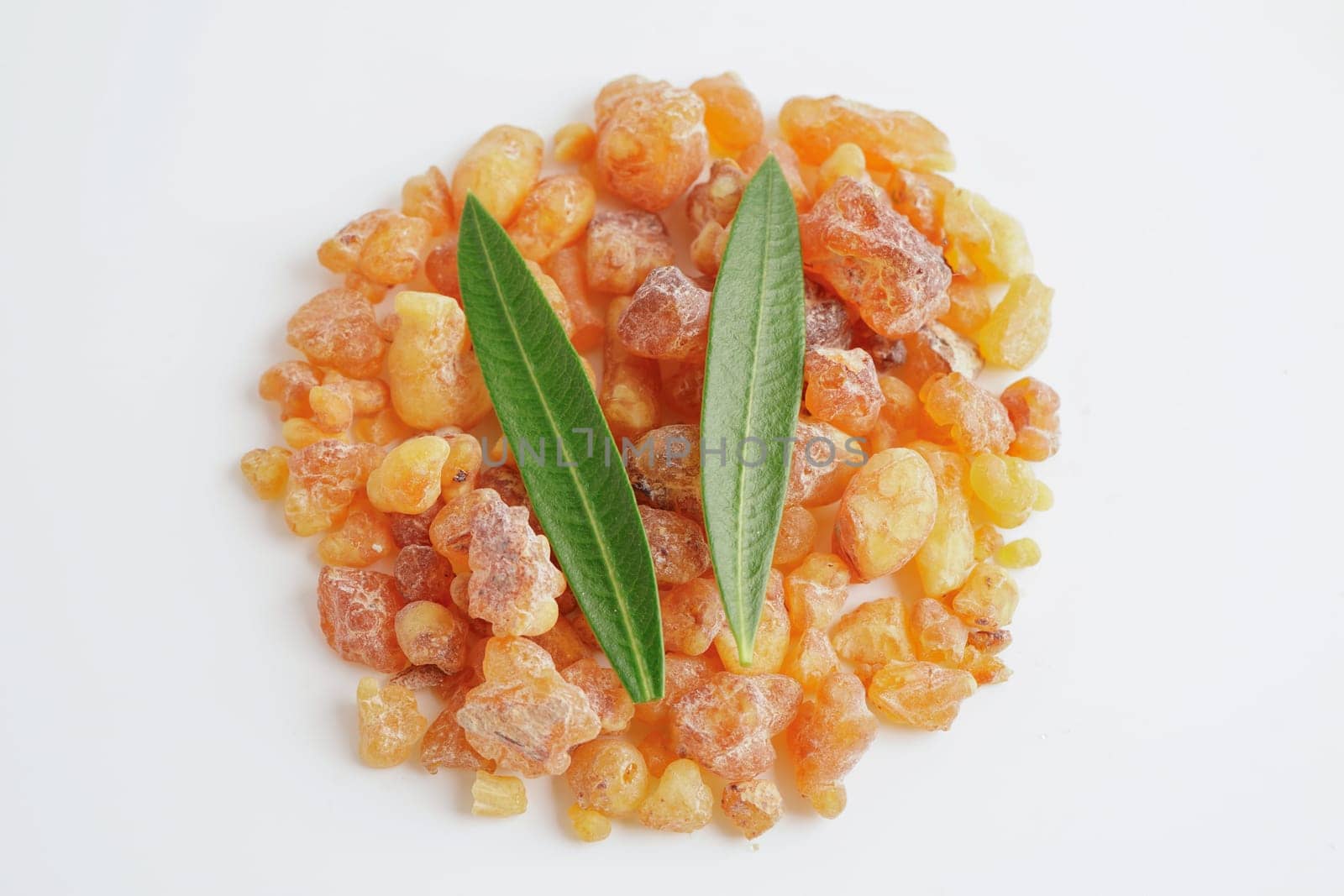 Frankincense or olibanum aromatic resin isolated on white background used in incense and perfumes.