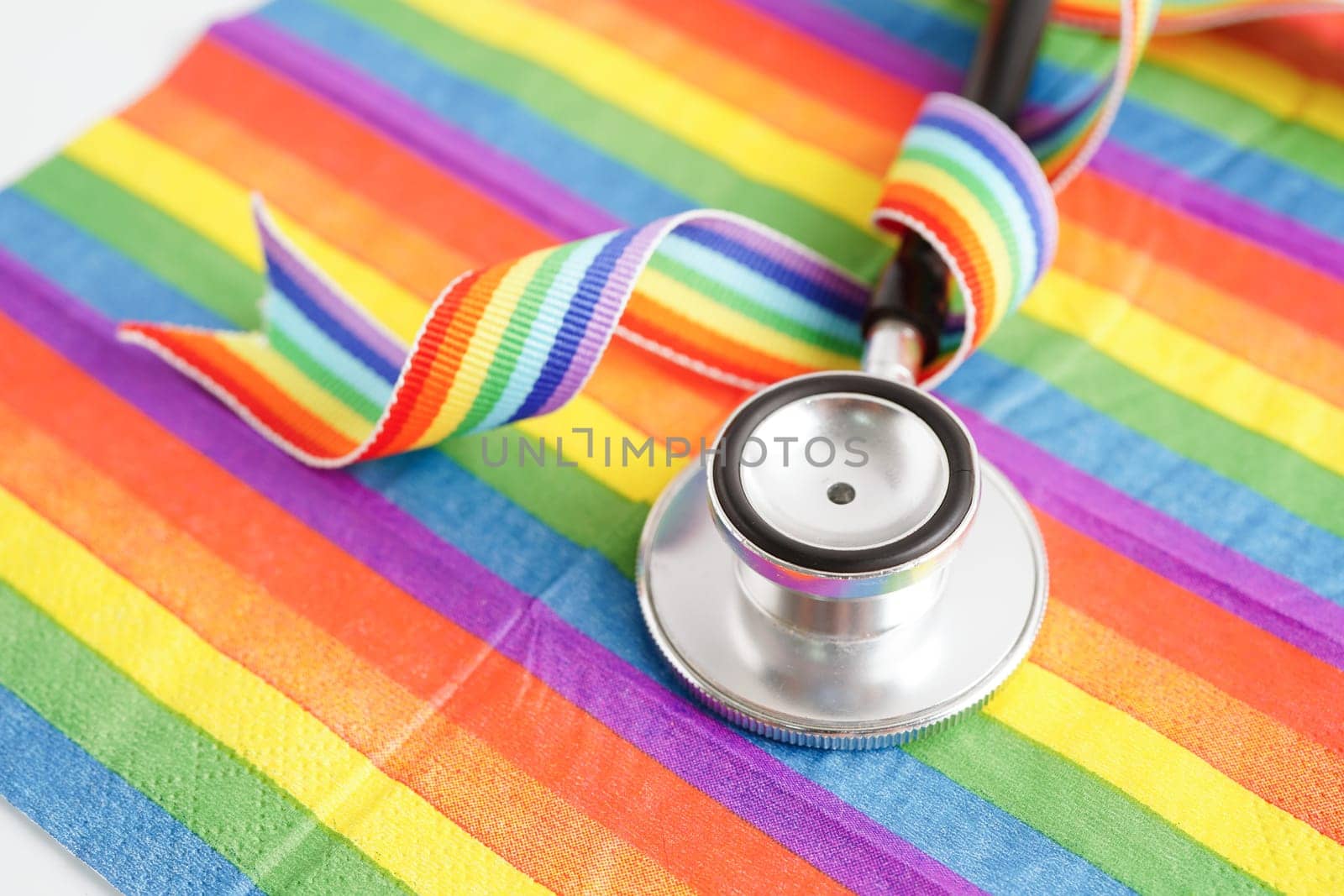 LGBT symbol, Stethoscope on rainbow flag, rights and gender equality, LGBT Pride Month in June.