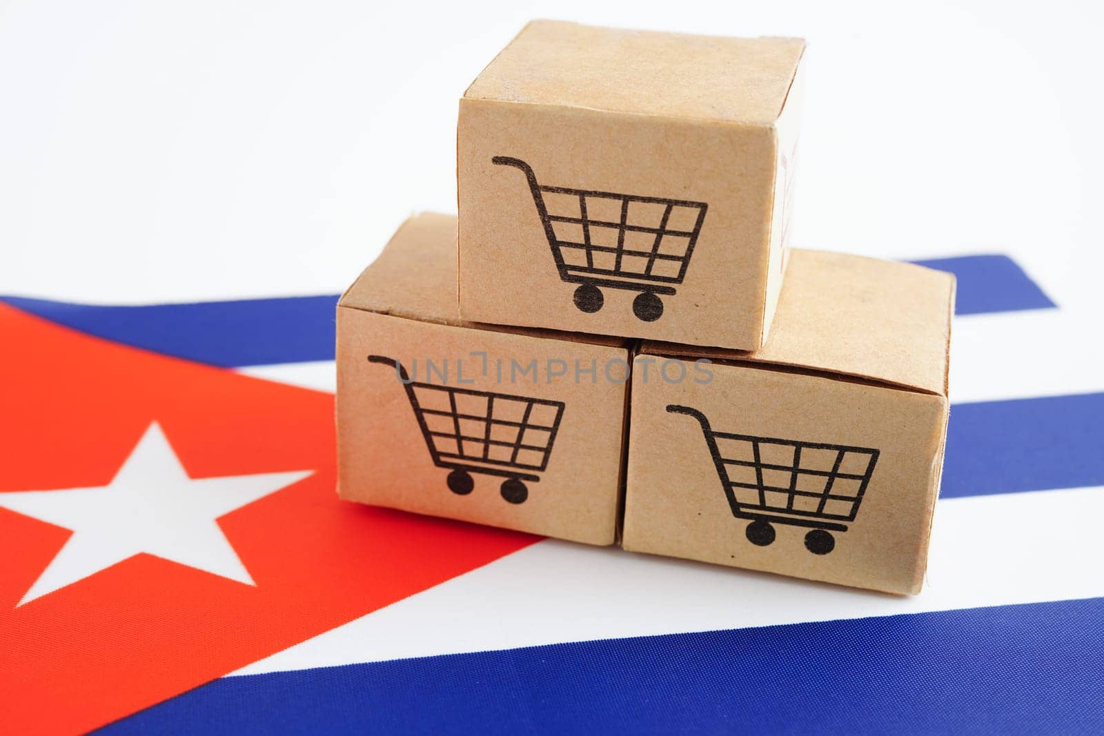 Online shopping, Shopping cart box on Cuba flag, import export, finance commerce.