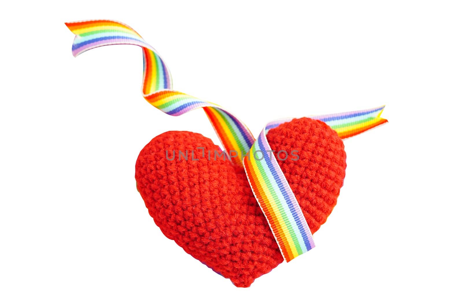 Red heart with rainbow color ribbon flag isolated on white background with clipping path, LGBT symbol.