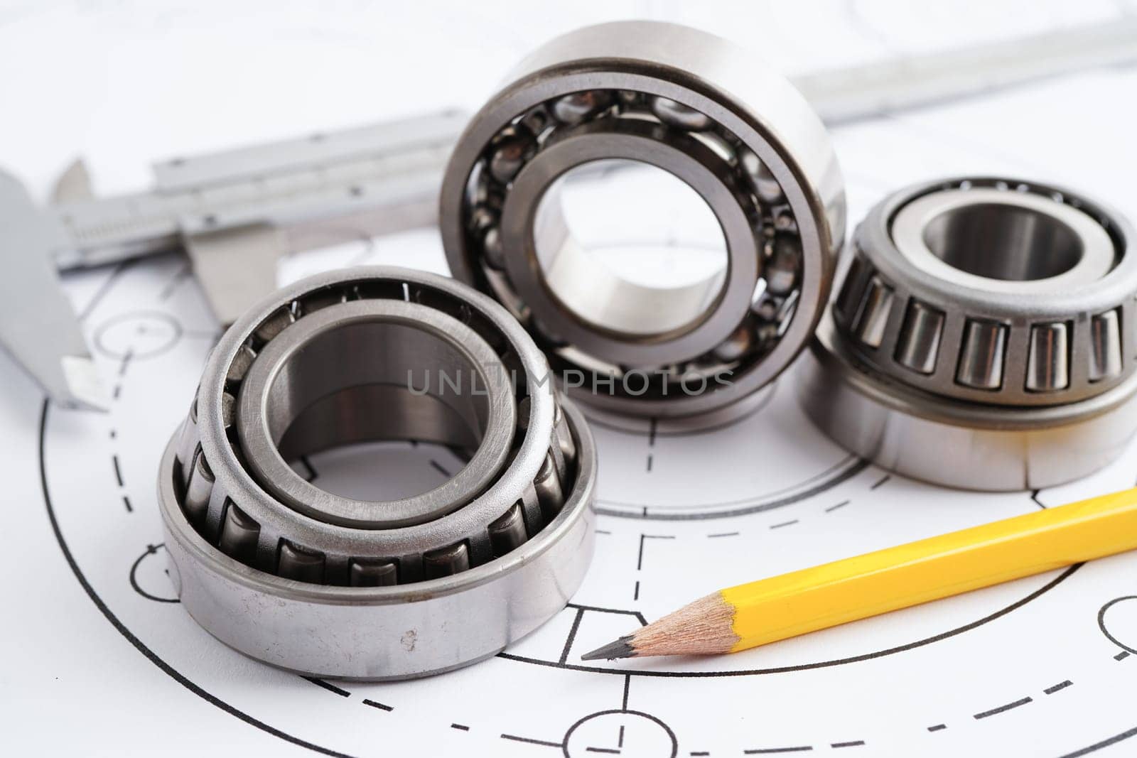 Engineering and precision tools with metal ball bering, mechanical industrial.