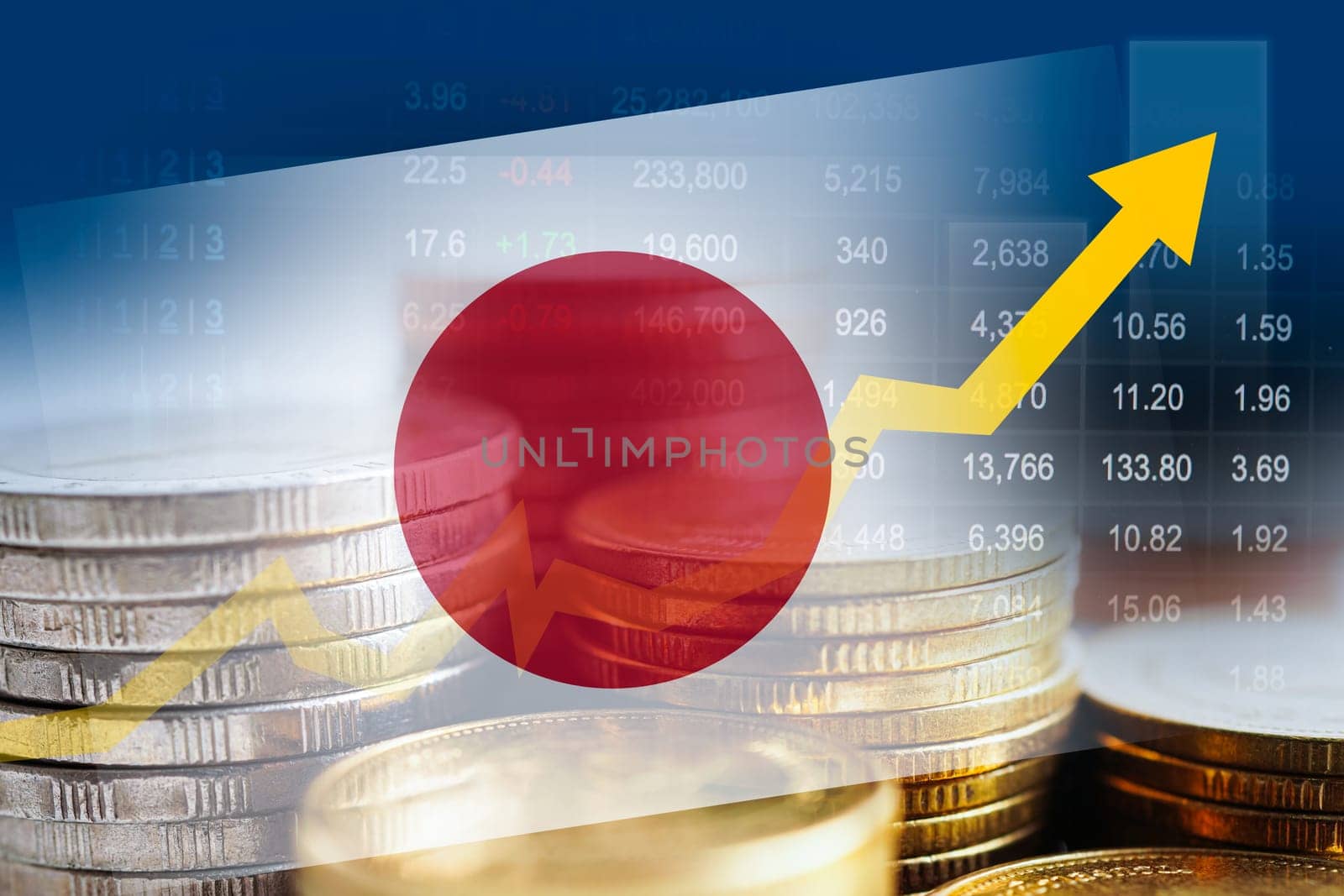 Japan flag with stock market finance, economy trend graph digital technology.
