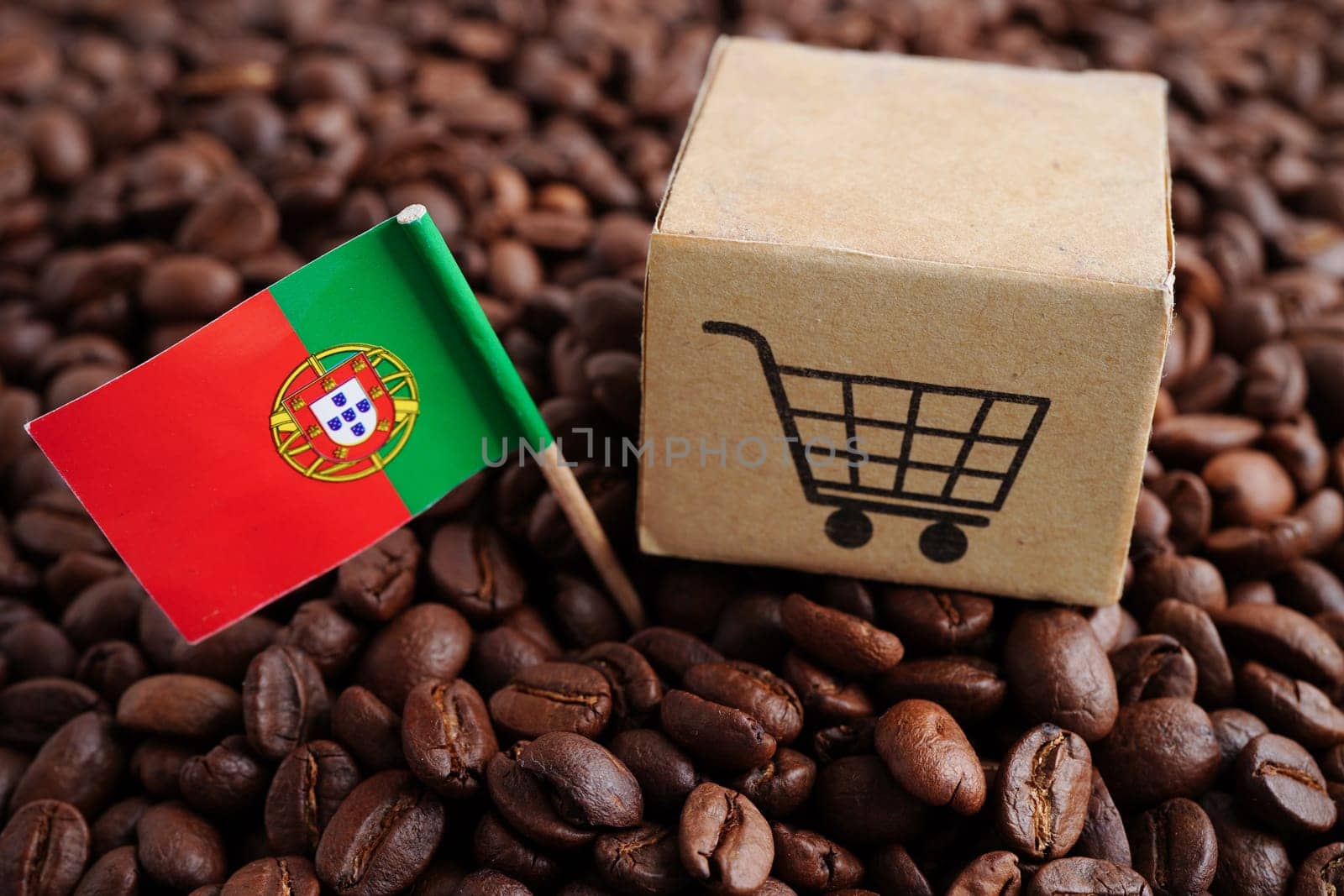 Portugal flag with shopping cart on coffee beans, shopping online for export or import food product.