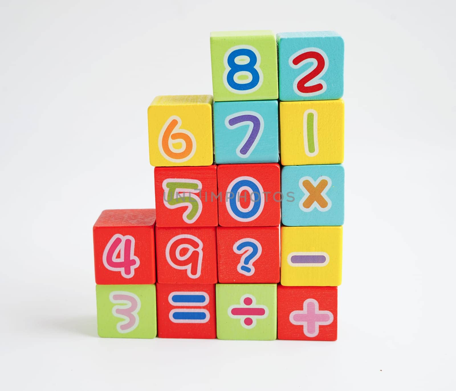 Number wood block cubes for learning Mathematic, education math concept.