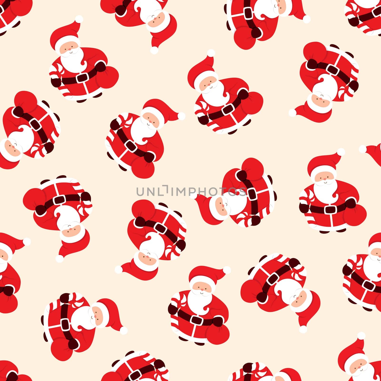 Seamless Christmas pattern with Santa Claus, sugar cane and presents bag. Cartoon character of a man with beard. Vector illustration