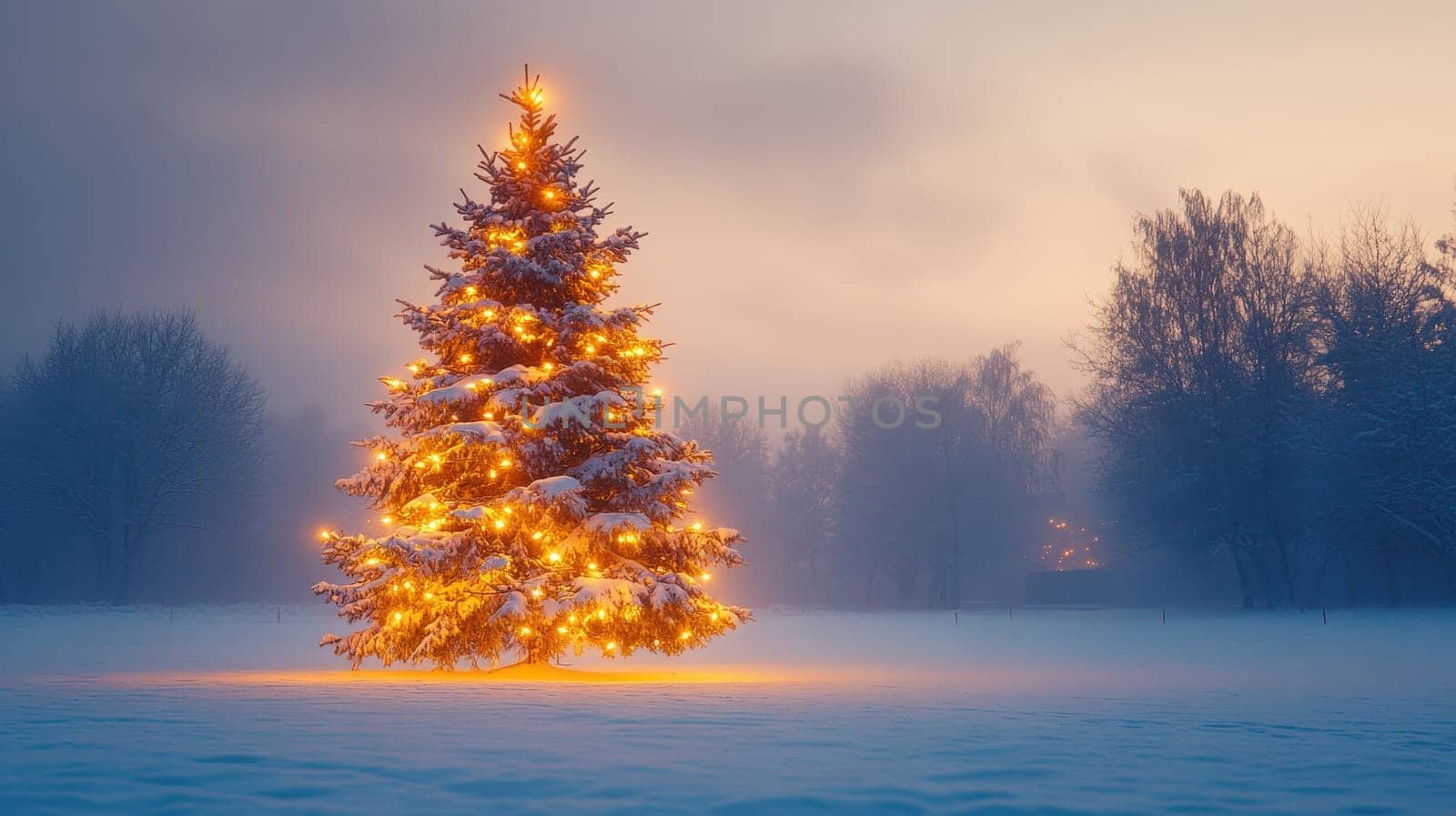 Glowing Christmas Tree in Snowy Landscape at Dusk