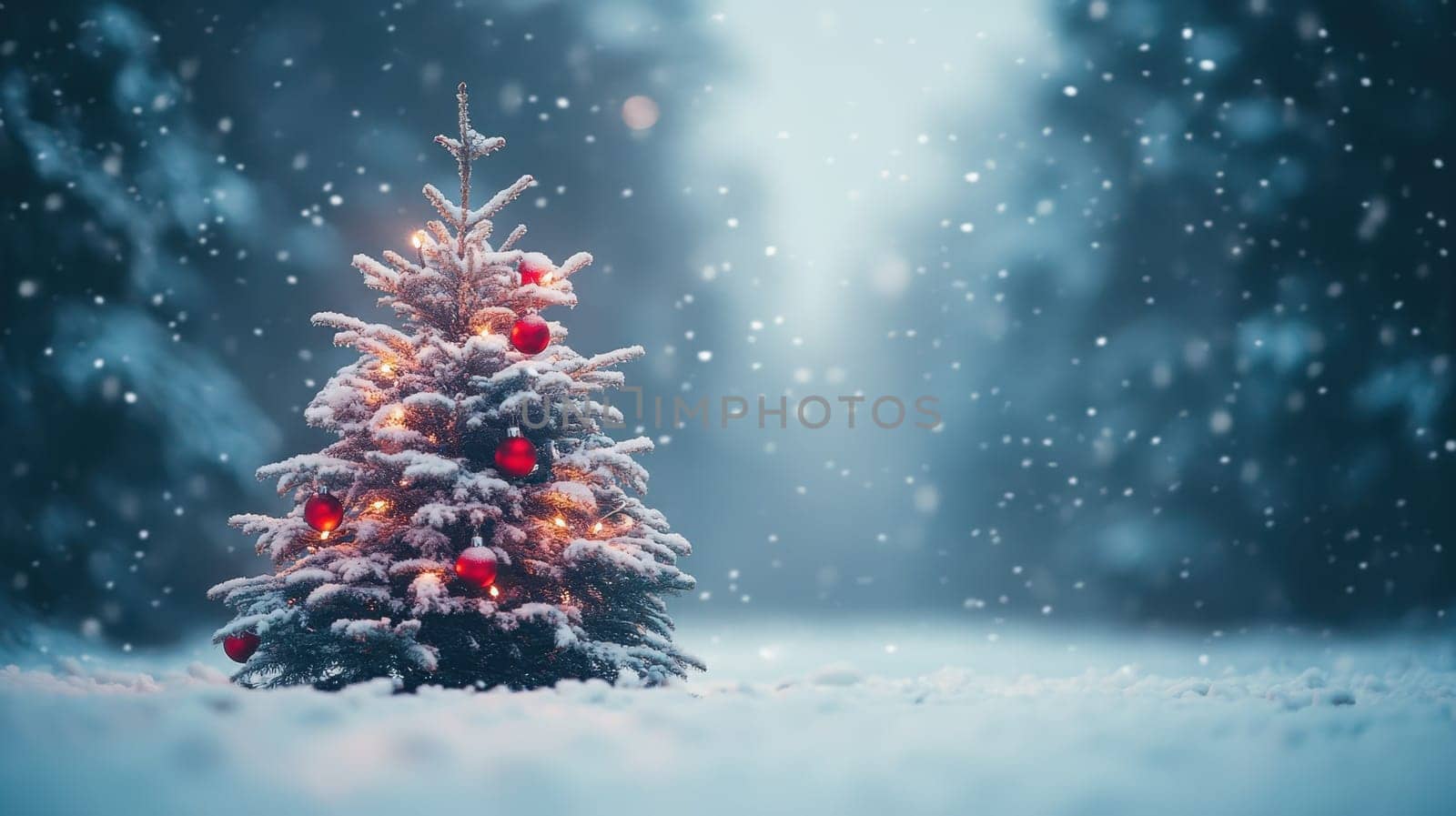 Christmas Tree in Snowy Forest, Festive Winter Scene