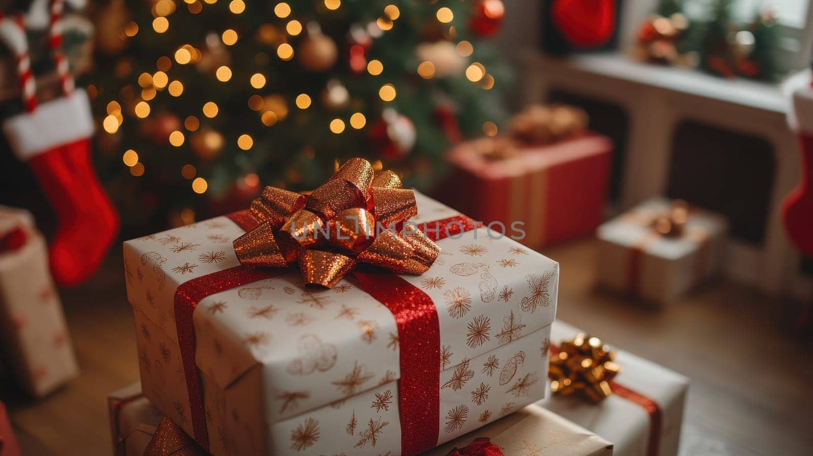 Christmas gifts under the tree, Festive holiday presents wrapped in decorative paper with bows