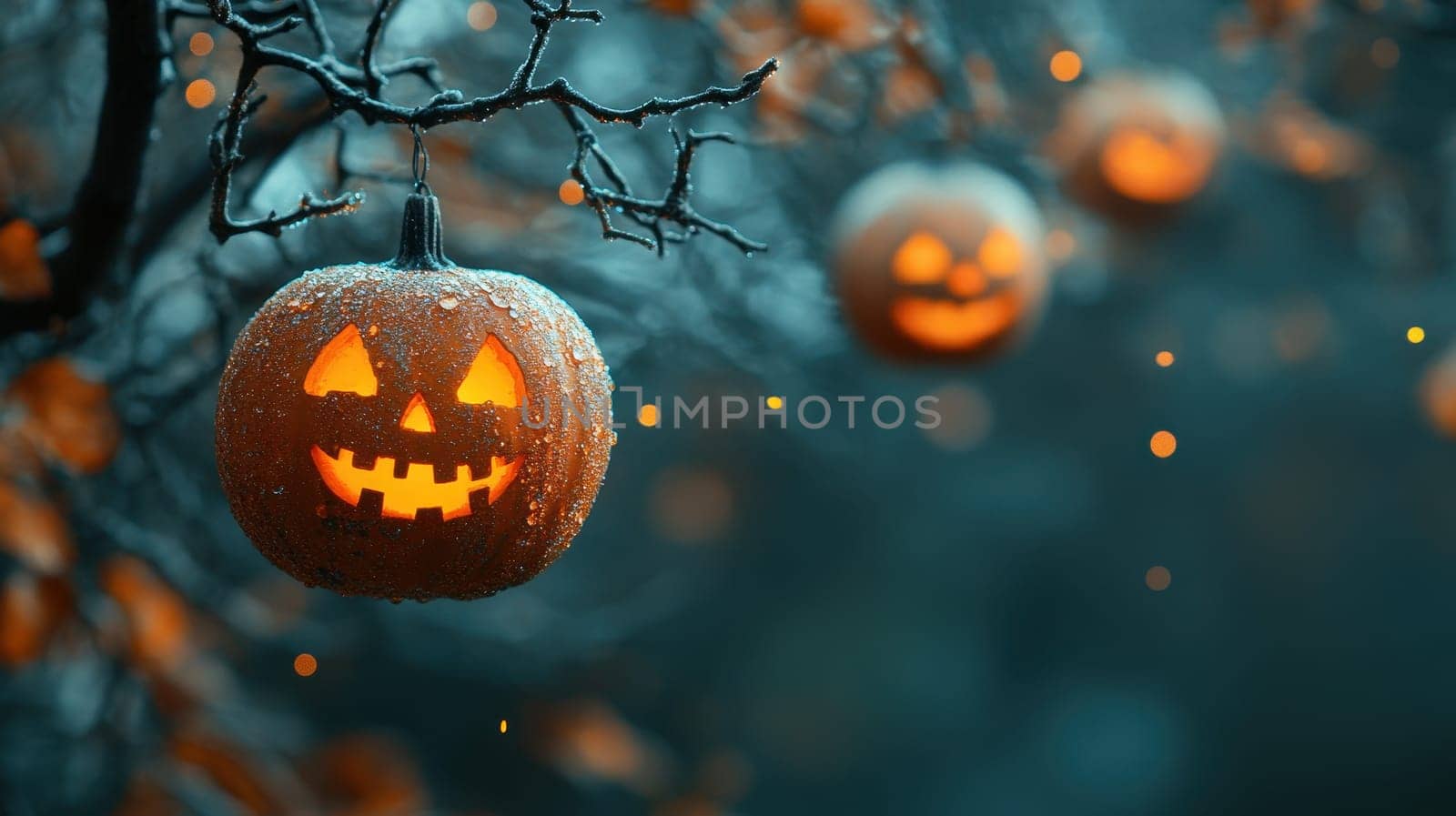 Glowing Halloween Pumpkins Hanging from Spooky Tree