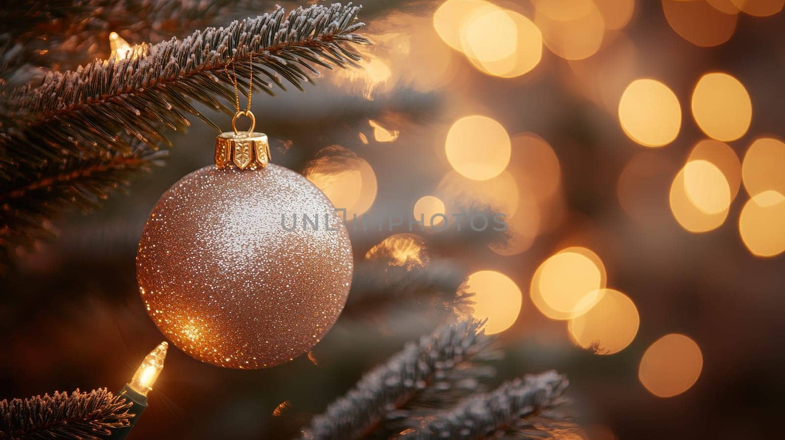 Glittering Gold Christmas Ornament on a Snowy Tree with Twinkling Lights