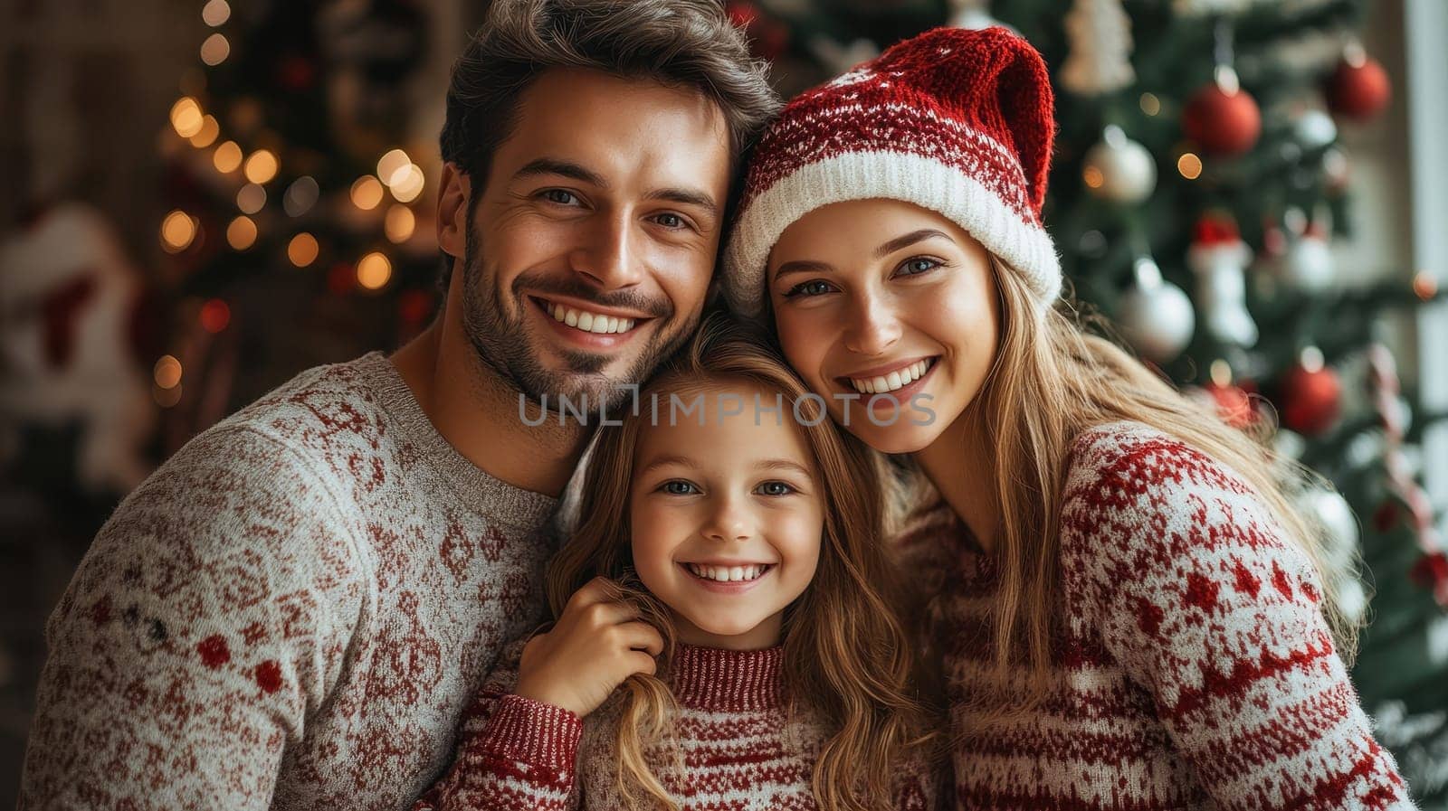 Portrait of a happy family smiling by the Christmas tree at home. Celebrating Christmas holidays, winter joy, family traditions and togetherness. Authentic moments of love and connection.