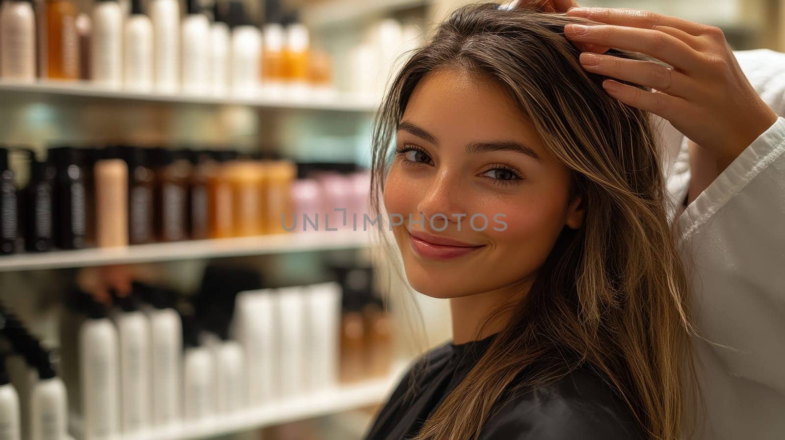 Happy client smiling after hair treatment in salon. Hair care, beauty, and styling concept.