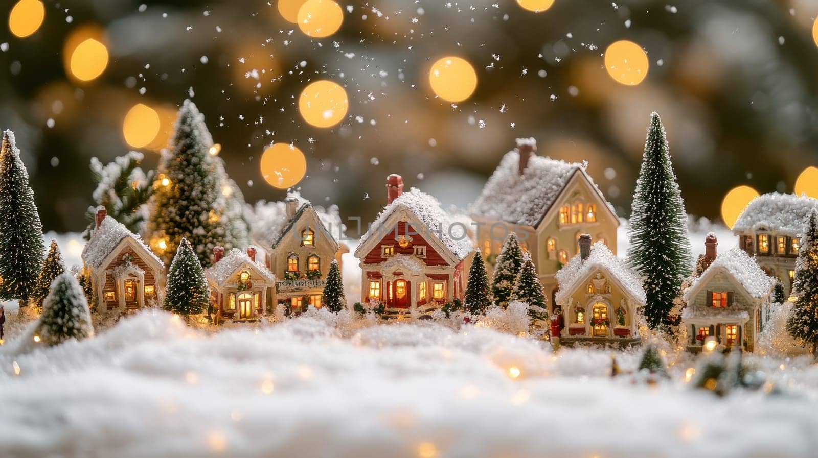 Christmas Village Scene with Snow and Lights, Festive Holiday Spirit