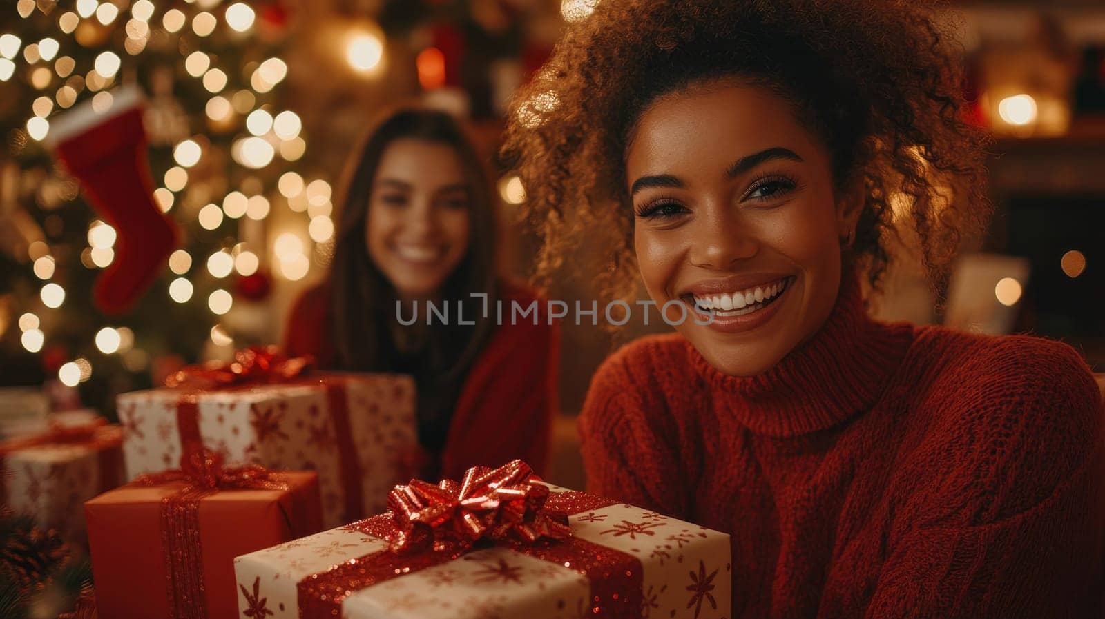 Happy Young Women with Christmas Gifts at Home