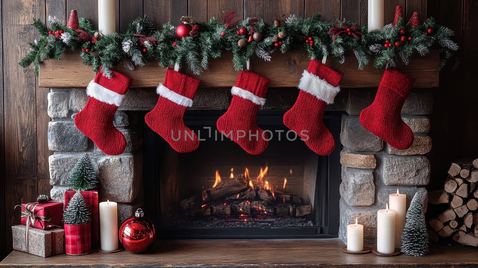 Christmas stockings hanging on fireplace mantel. Cozy winter holiday home decor.